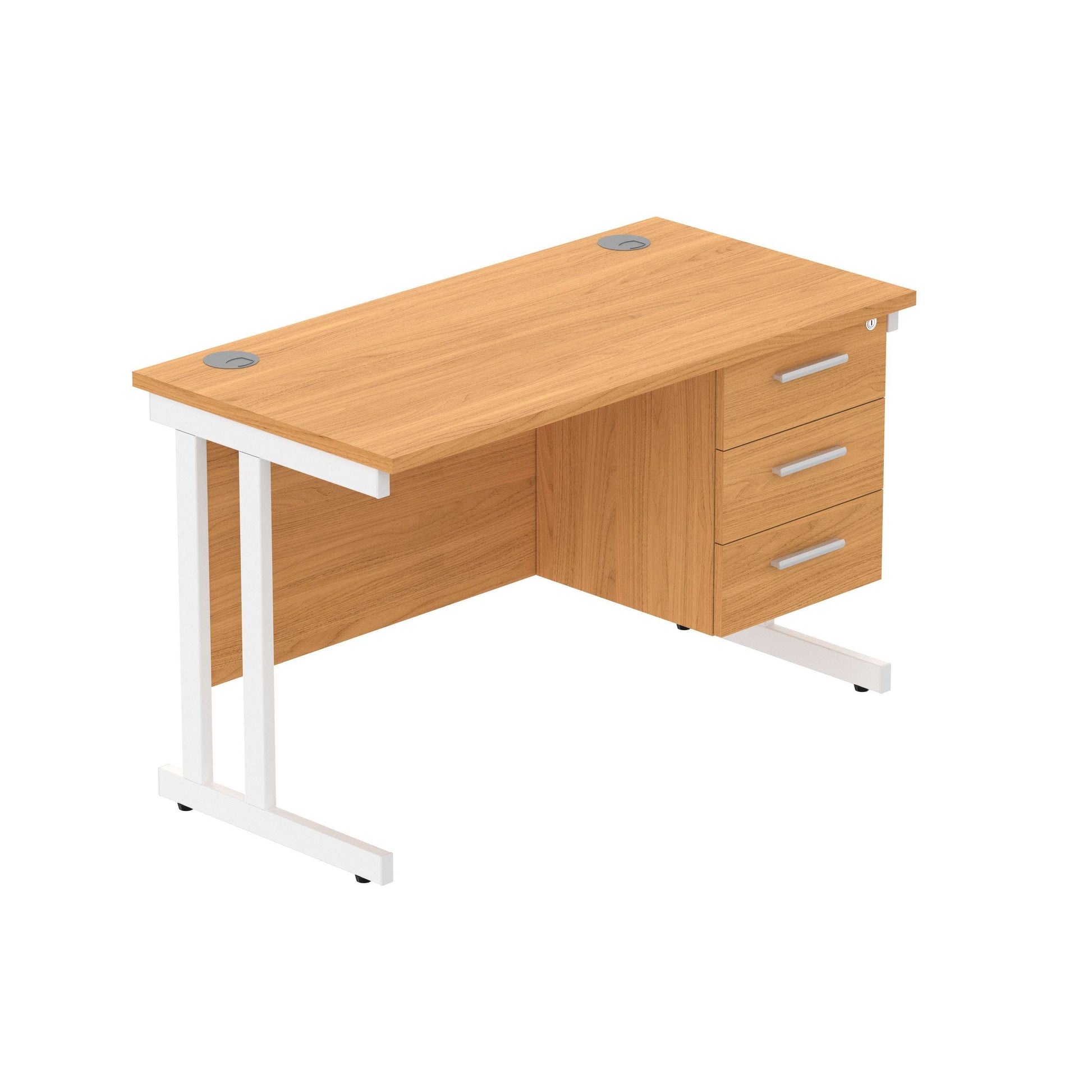 Office Rectangular Desk with Steel Double Upright Cantilever Legs + 3 Drawer Fixed Pedestal (FSC) | 1200X600 | Norwegian Beech/White