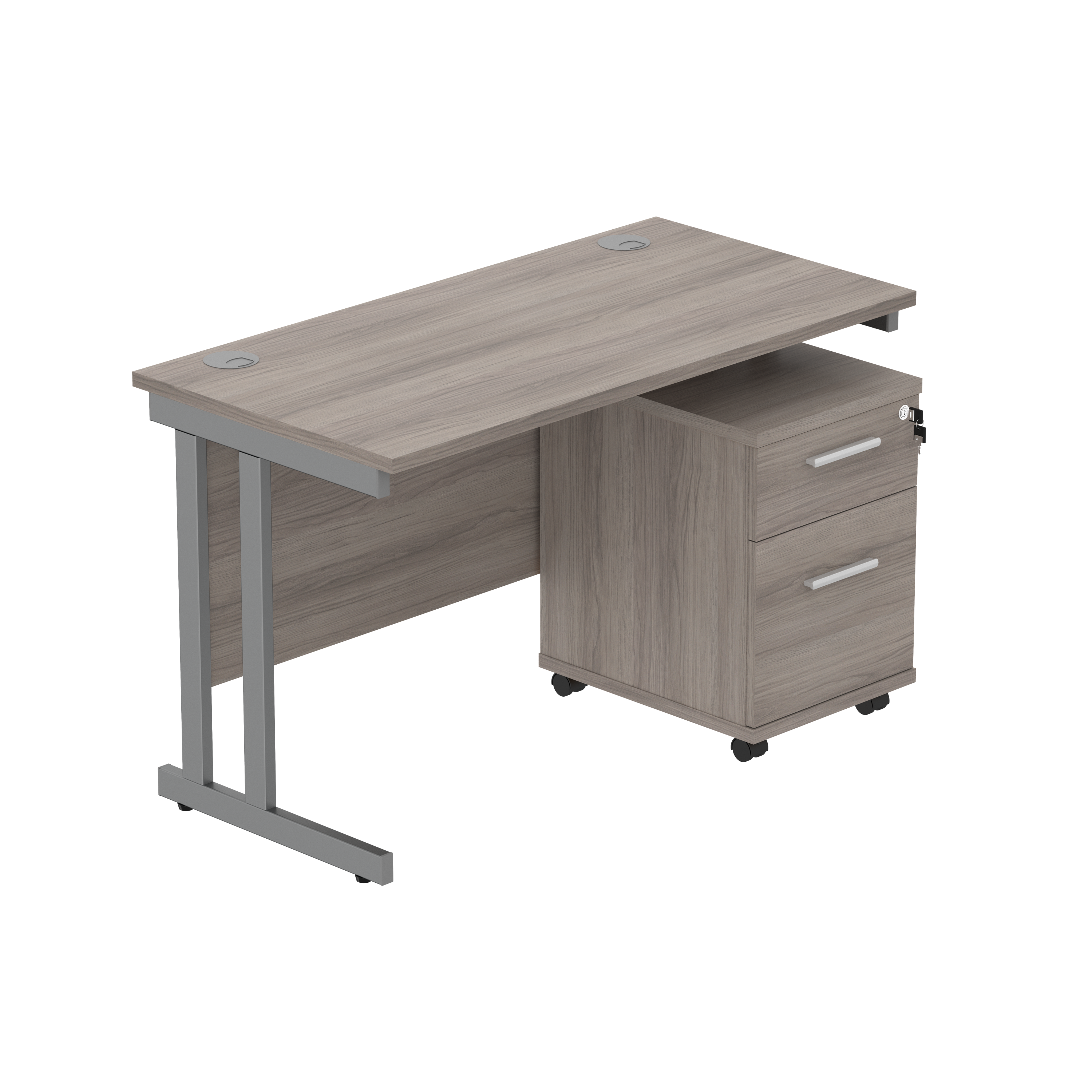 Double Upright Rectangular Desk + 2 Drawer Mobile Under Desk Pedestal (FSC) | 1200X600 | Alaskan Grey Oak/Graphite