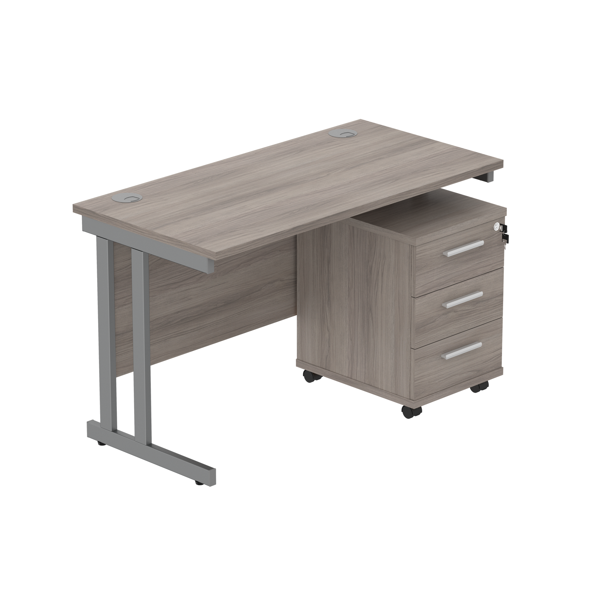 Double Upright Rectangular Desk + 3 Drawer Mobile Under Desk Pedestal (FSC) | 1200X600 | Alaskan Grey Oak/Graphite