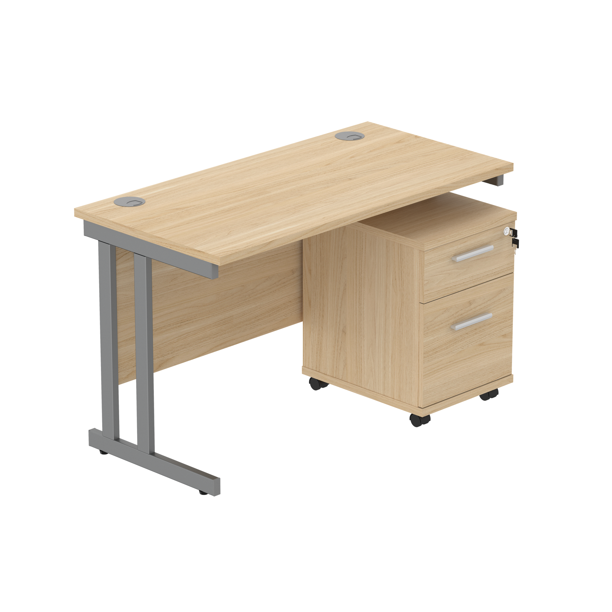 Double Upright Rectangular Desk + 2 Drawer Mobile Under Desk Pedestal (FSC) | 1200X600 | Canadian Oak/Graphite