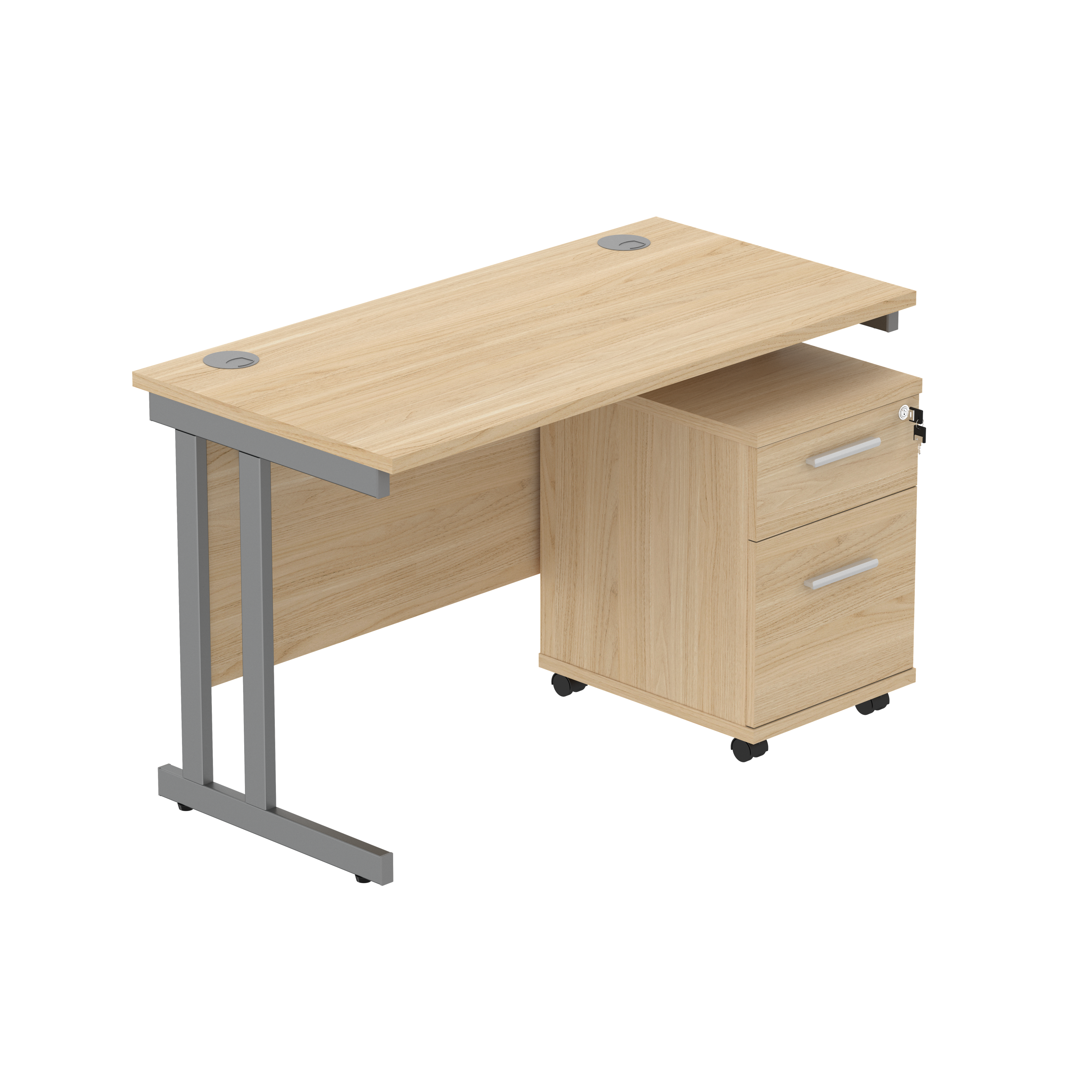 Double Upright Rectangular Desk + 2 Drawer Mobile Under Desk Pedestal (FSC) | 1200X600 | Canadian Oak/Graphite