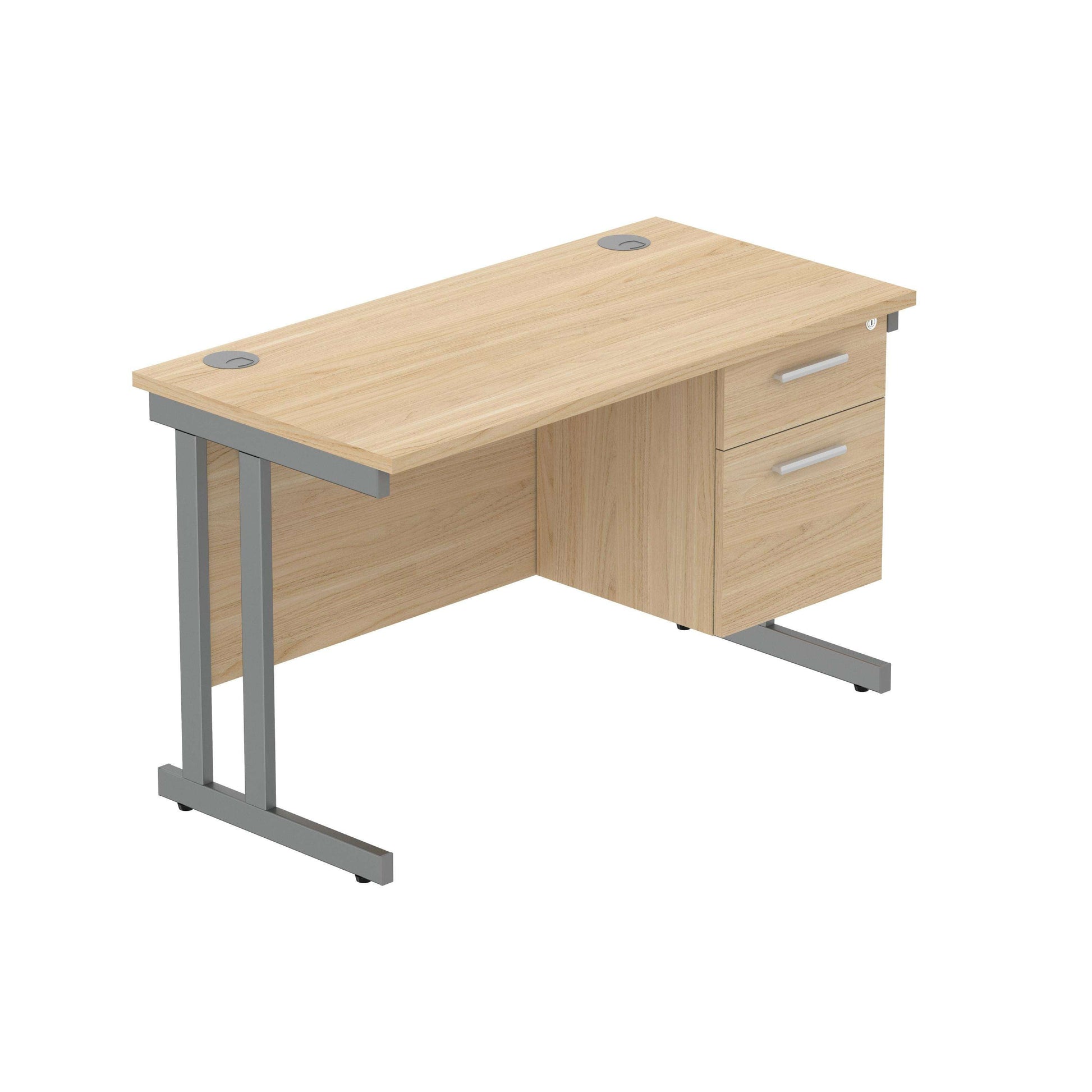 Office Rectangular Desk with Steel Double Upright Cantilever Legs + 2 Drawer Fixed Pedestal (FSC) | 1200X600 | Canadian Oak/Graphite