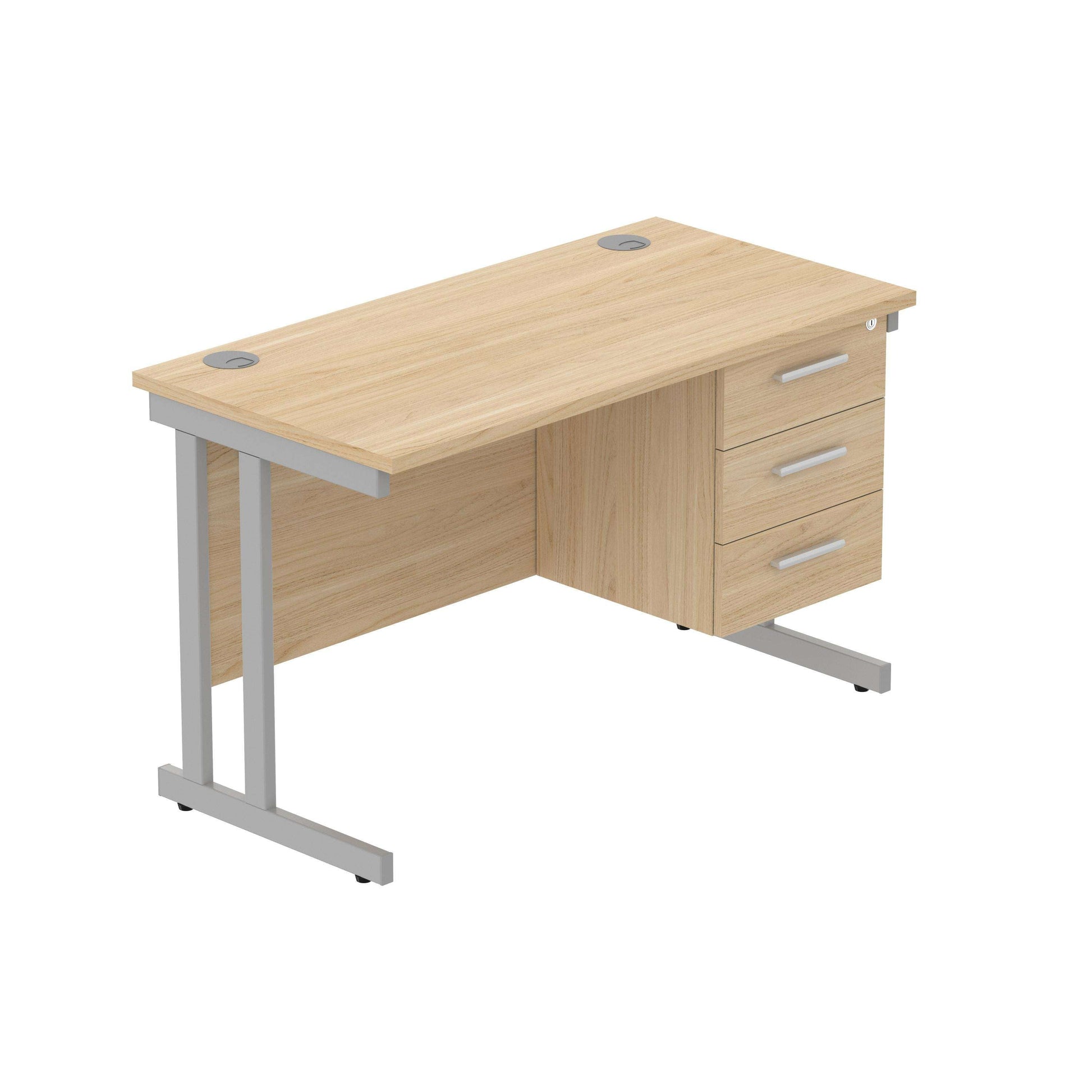 Office Rectangular Desk with Steel Double Upright Cantilever Legs + 3 Drawer Fixed Pedestal (FSC) | 1200X600 | Canadian Oak/Silver