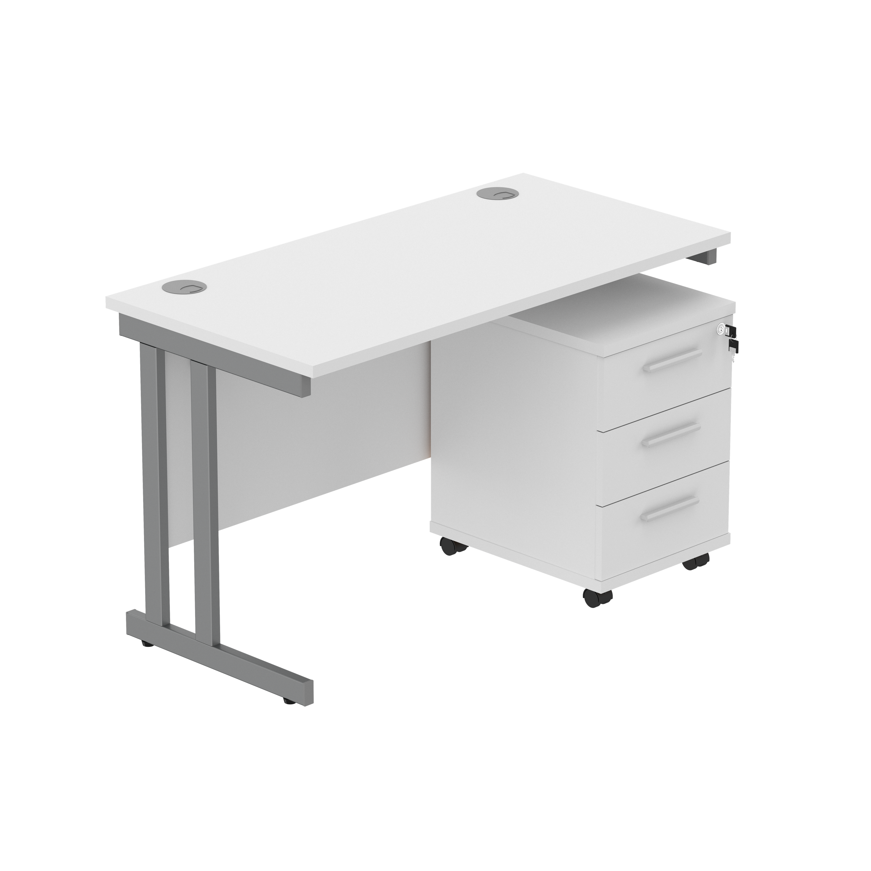Double Upright Rectangular Desk + 3 Drawer Mobile Under Desk Pedestal (FSC) | 1200X600 | Arctic White/Graphite
