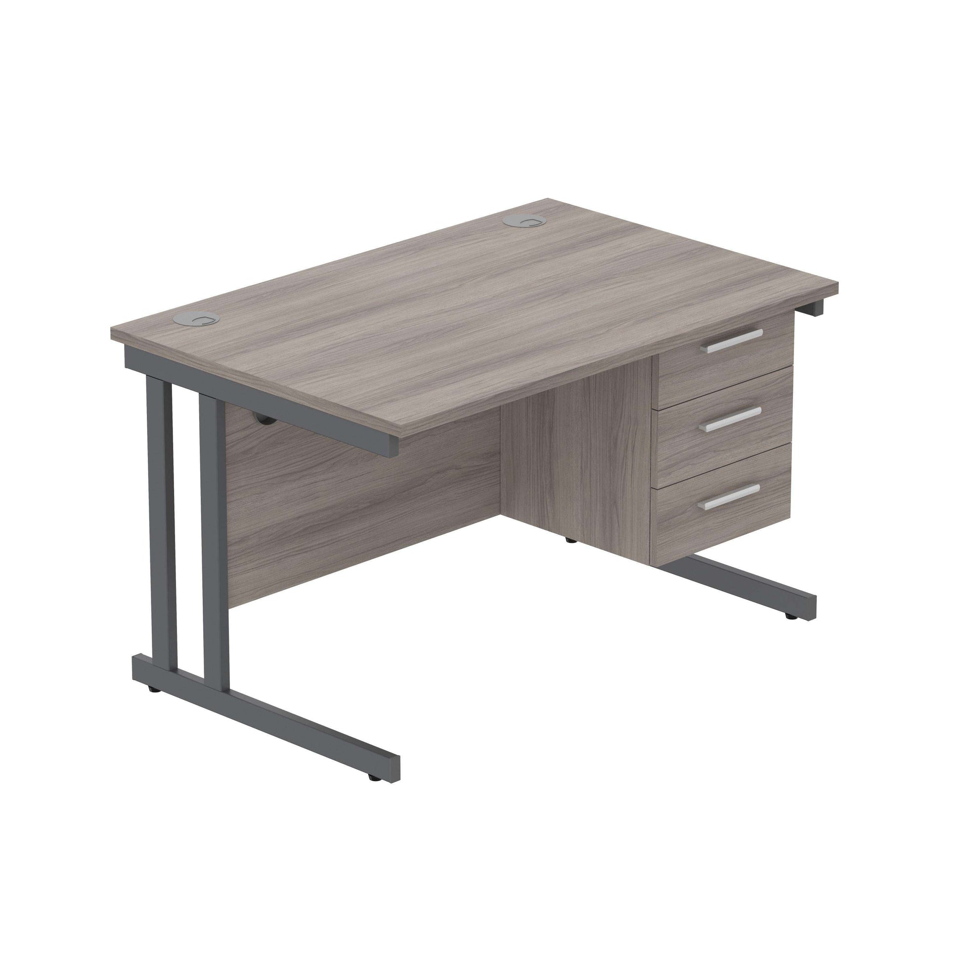 Office Rectangular Desk with Steel Double Upright Cantilever Legs + 3 Drawer Fixed Pedestal (FSC) | 1200X800 | Alaskan Grey Oak/Graphite