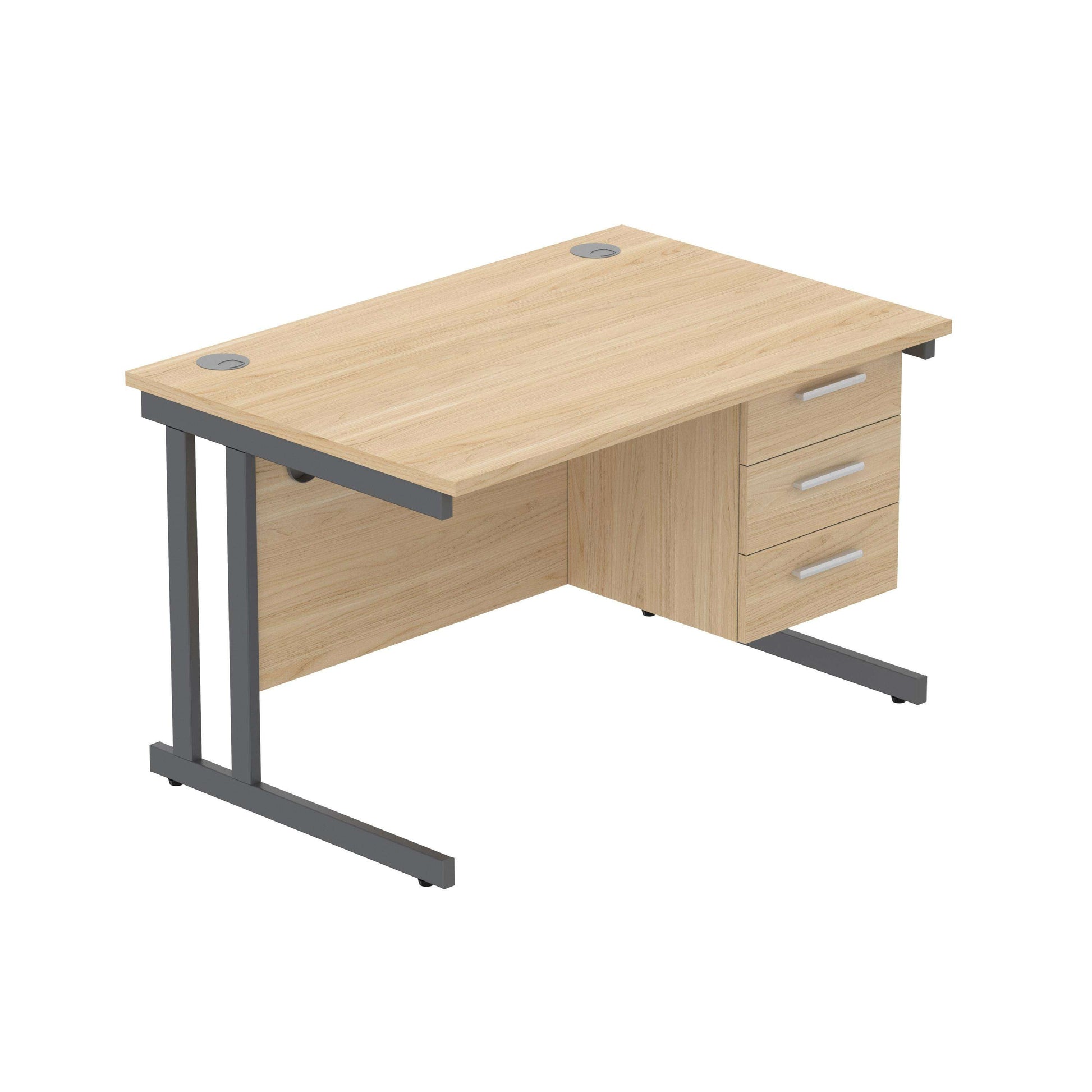Office Rectangular Desk with Steel Double Upright Cantilever Legs + 3 Drawer Fixed Pedestal (FSC) | 1200X800 | Canadian Oak/Graphite