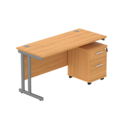 Double Upright Rectangular Desk + 2 Drawer Mobile Under Desk Pedestal (FSC) | 1400X600 | Norwegian Beech/Graphite