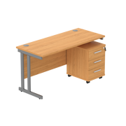 Double Upright Rectangular Desk + 3 Drawer Mobile Under Desk Pedestal (FSC) | 1400X600 | Norwegian Beech/Graphite