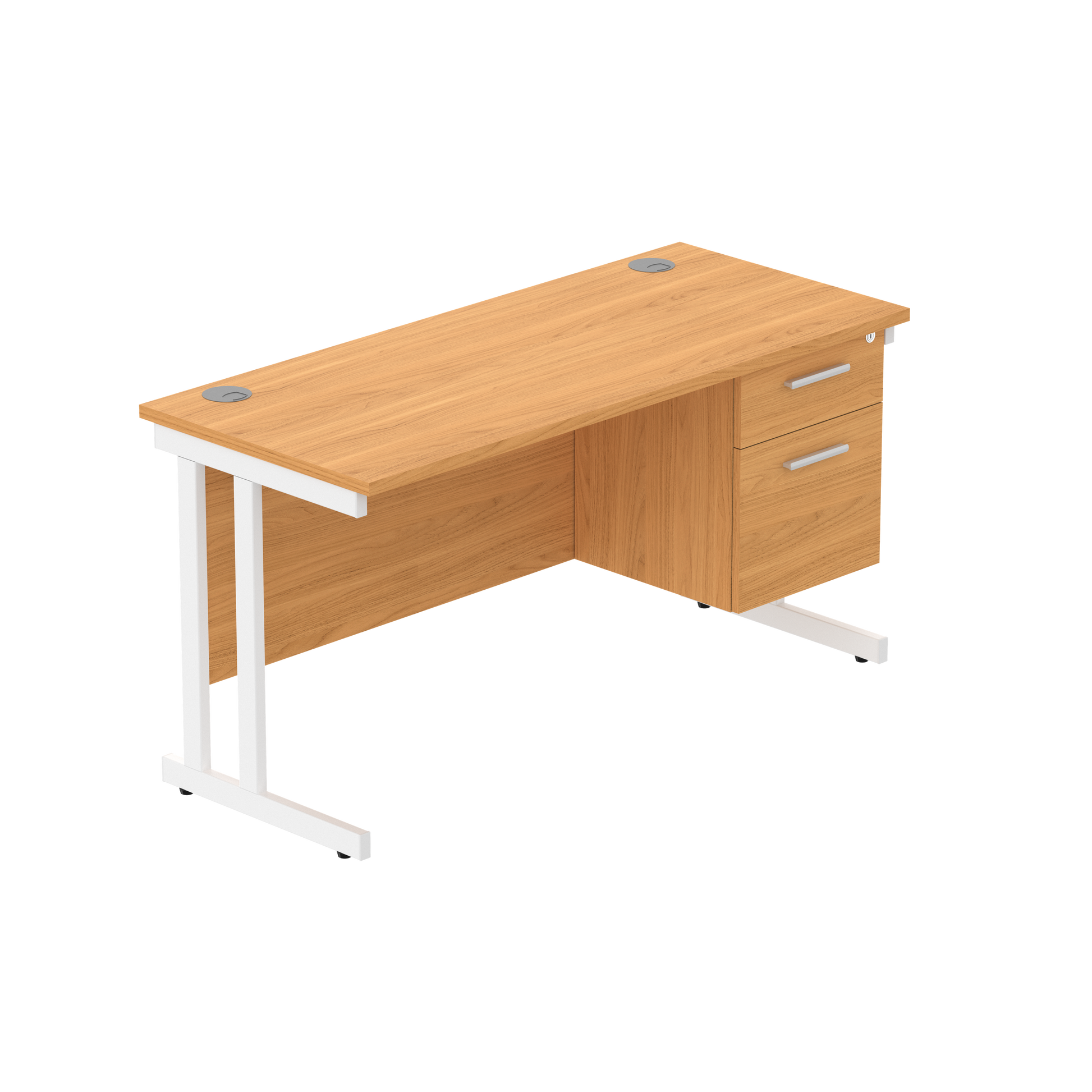 Office Rectangular Desk with Steel Double Upright Cantilever Legs + 2 Drawer Fixed Pedestal (FSC) | 1400X600 | Norwegian Beech/White