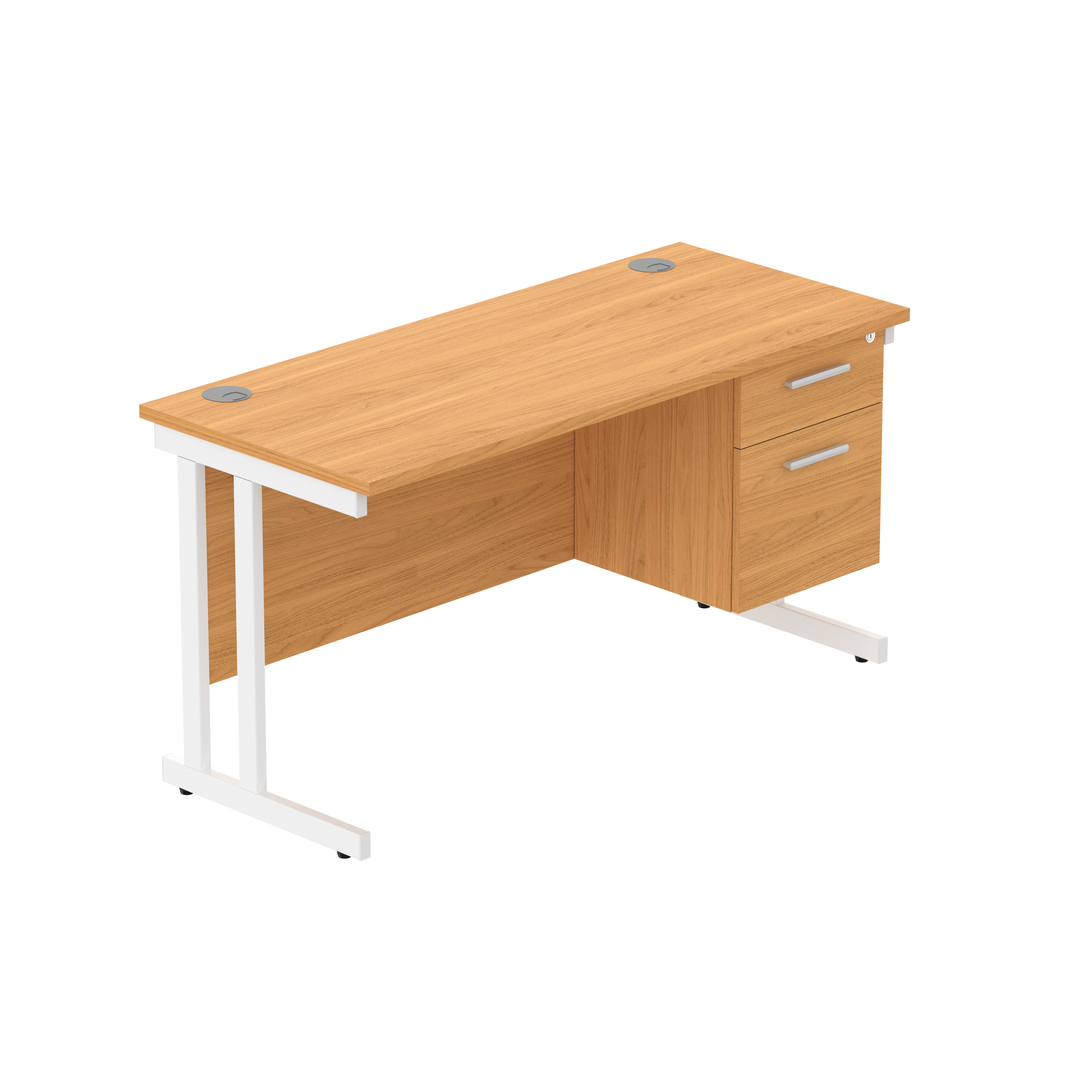 Office Rectangular Desk with Steel Double Upright Cantilever Legs + 2 Drawer Fixed Pedestal (FSC) | 1400X600 | Norwegian Beech/White