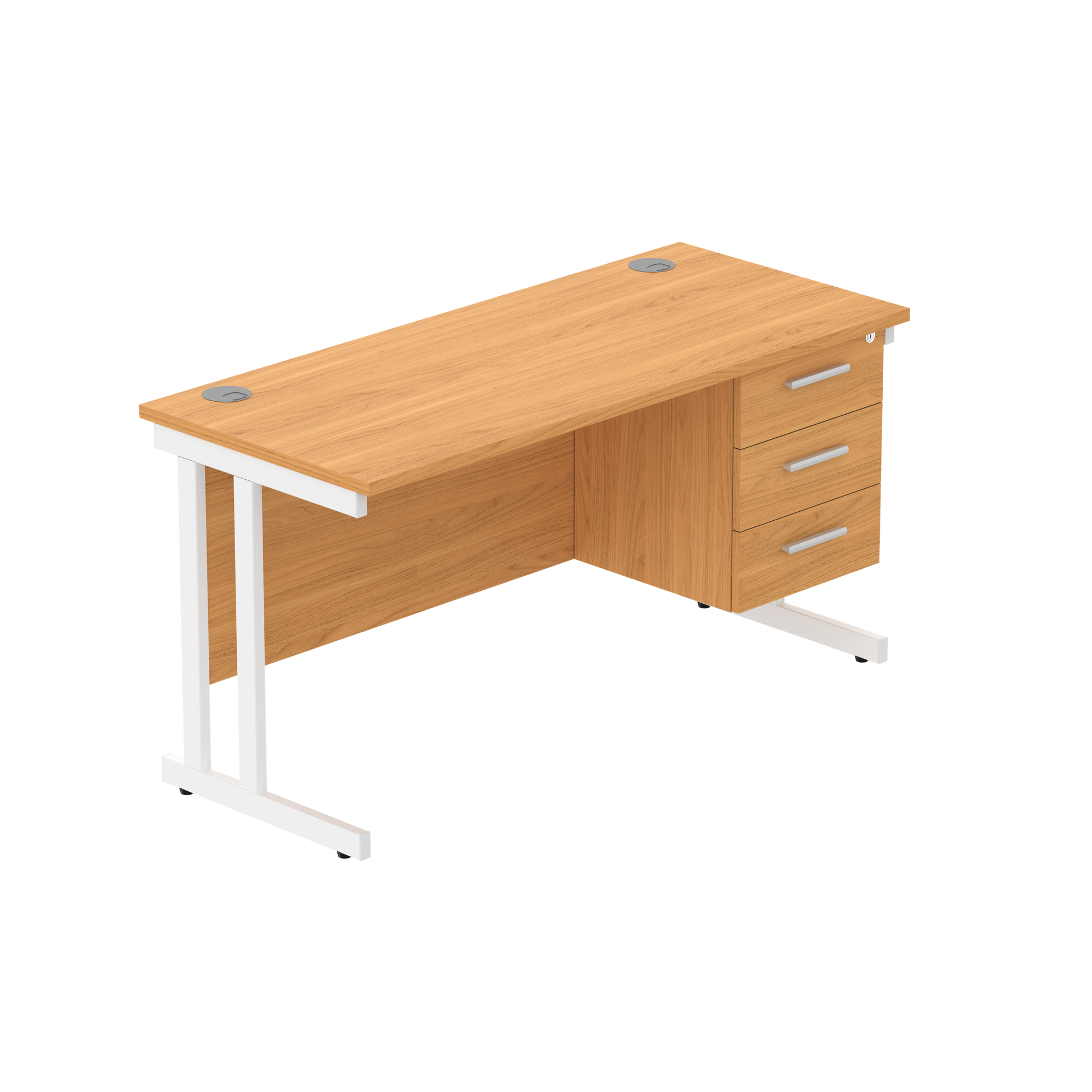 Office Rectangular Desk with Steel Double Upright Cantilever Legs + 3 Drawer Fixed Pedestal (FSC) | 1400X600 | Norwegian Beech/White