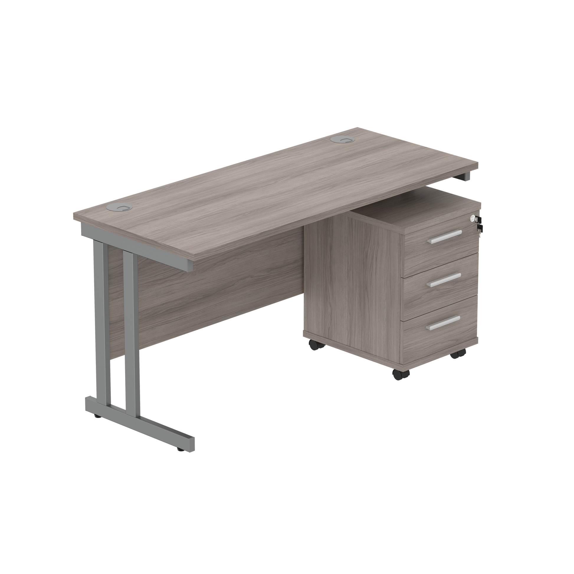 Double Upright Rectangular Desk + 3 Drawer Mobile Under Desk Pedestal (FSC) | 1400X600 | Alaskan Grey Oak/Graphite