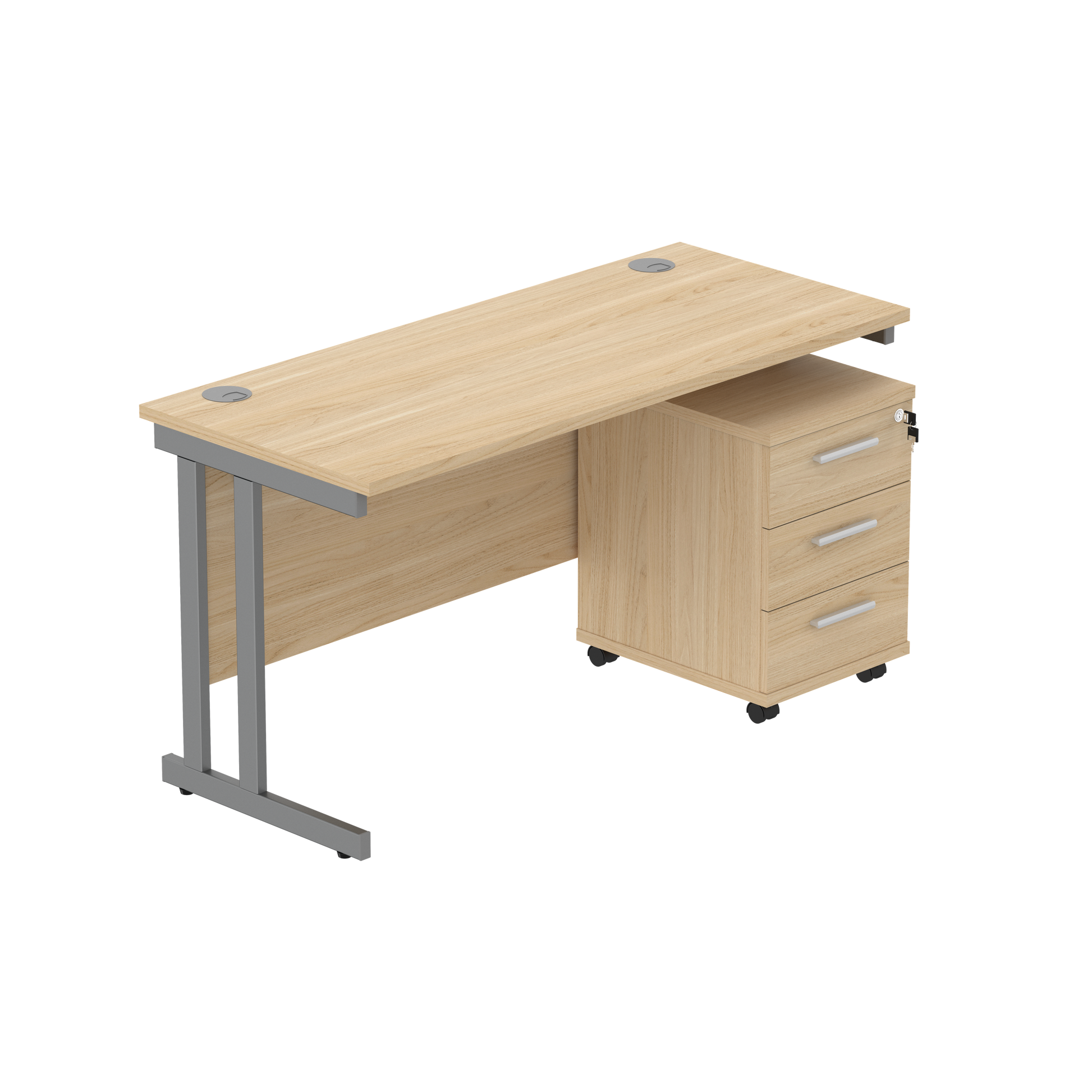 Double Upright Rectangular Desk + 3 Drawer Mobile Under Desk Pedestal (FSC) | 1400X600 | Canadian Oak/Graphite
