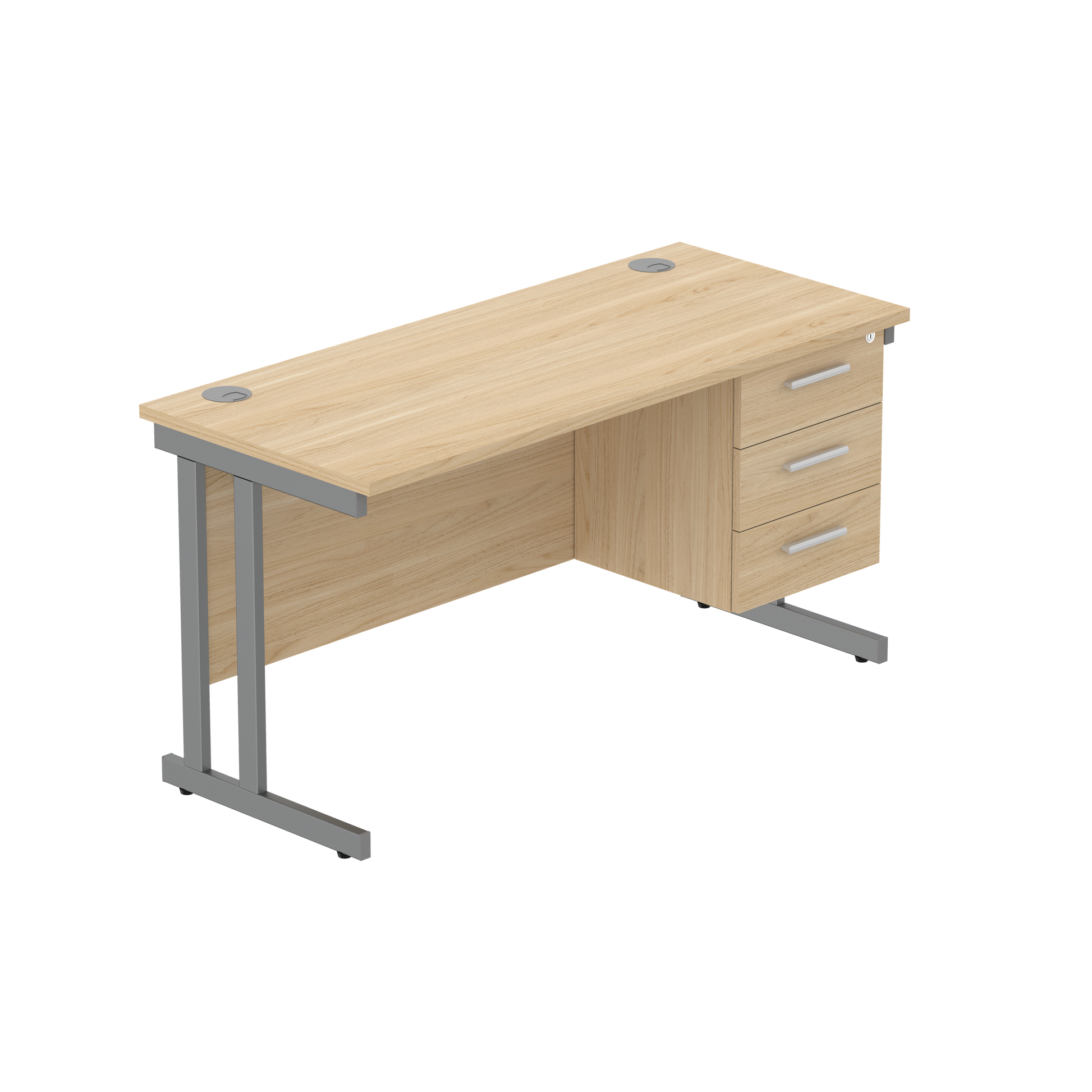 Office Rectangular Desk with Steel Double Upright Cantilever Legs + 3 Drawer Fixed Pedestal (FSC) | 1400X600 | Canadian Oak/Graphite
