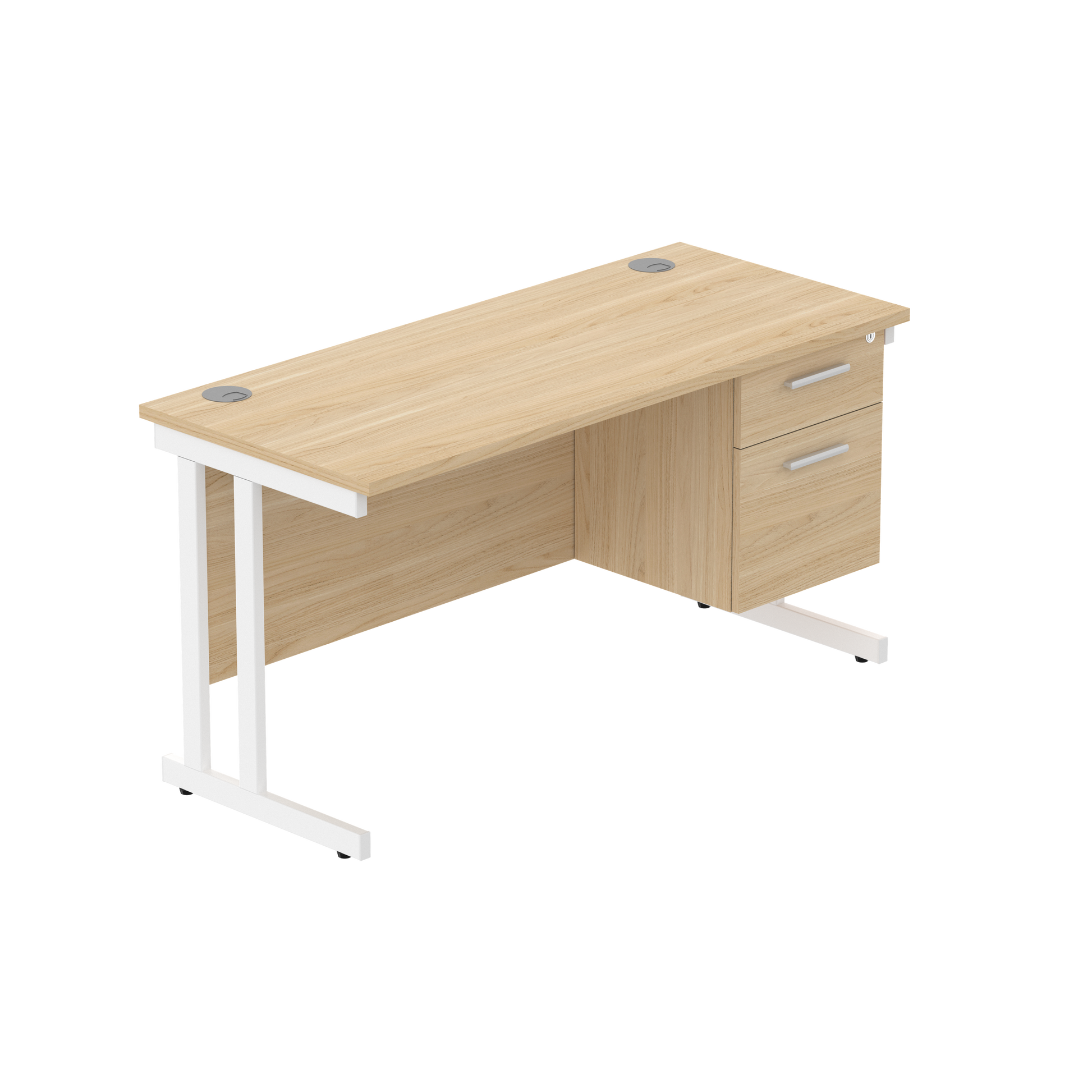 Office Rectangular Desk with Steel Double Upright Cantilever Legs + 2 Drawer Fixed Pedestal (FSC) | 1400X600 | Canadian Oak/White