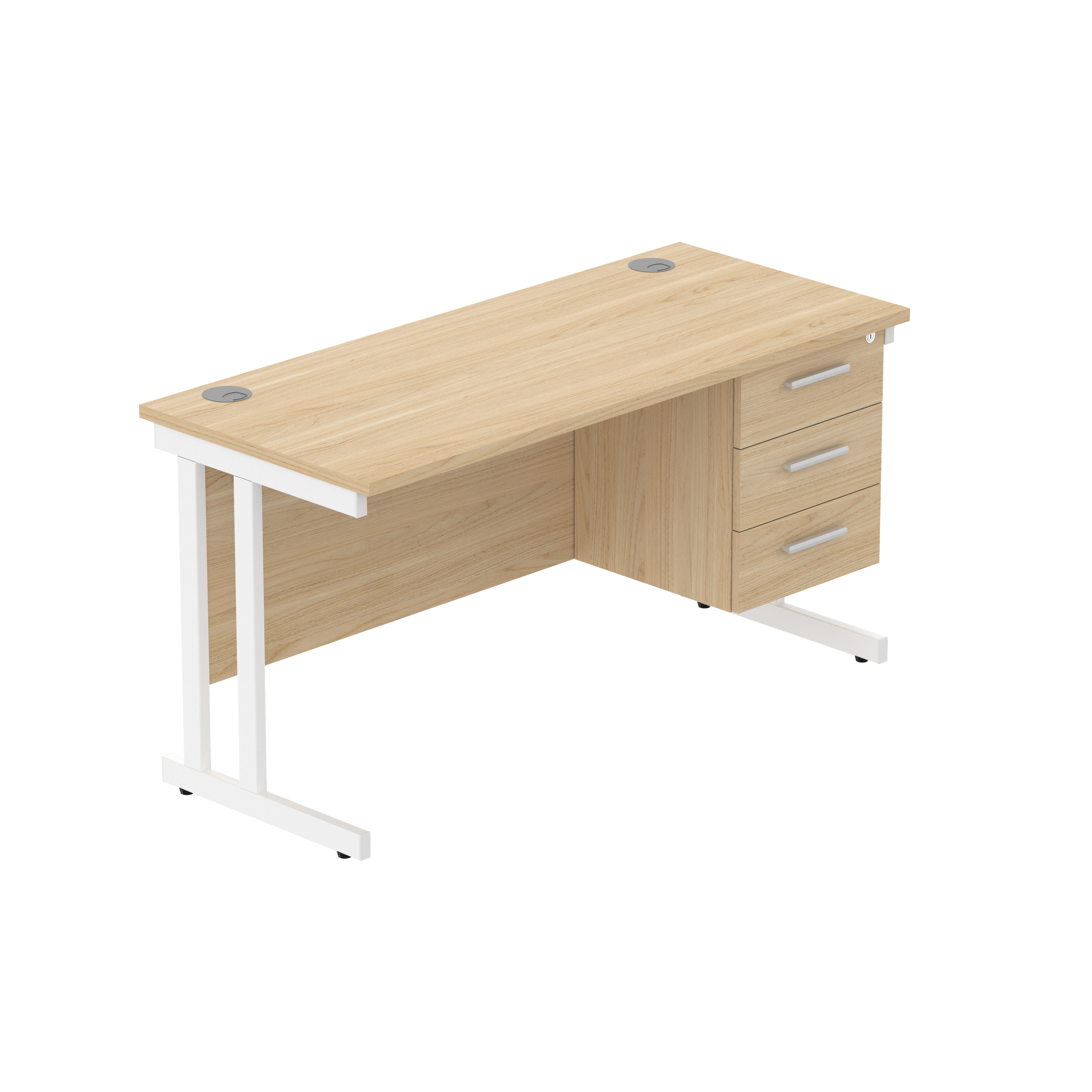 Office Rectangular Desk with Steel Double Upright Cantilever Legs + 3 Drawer Fixed Pedestal (FSC) | 1400X600 | Canadian Oak/White