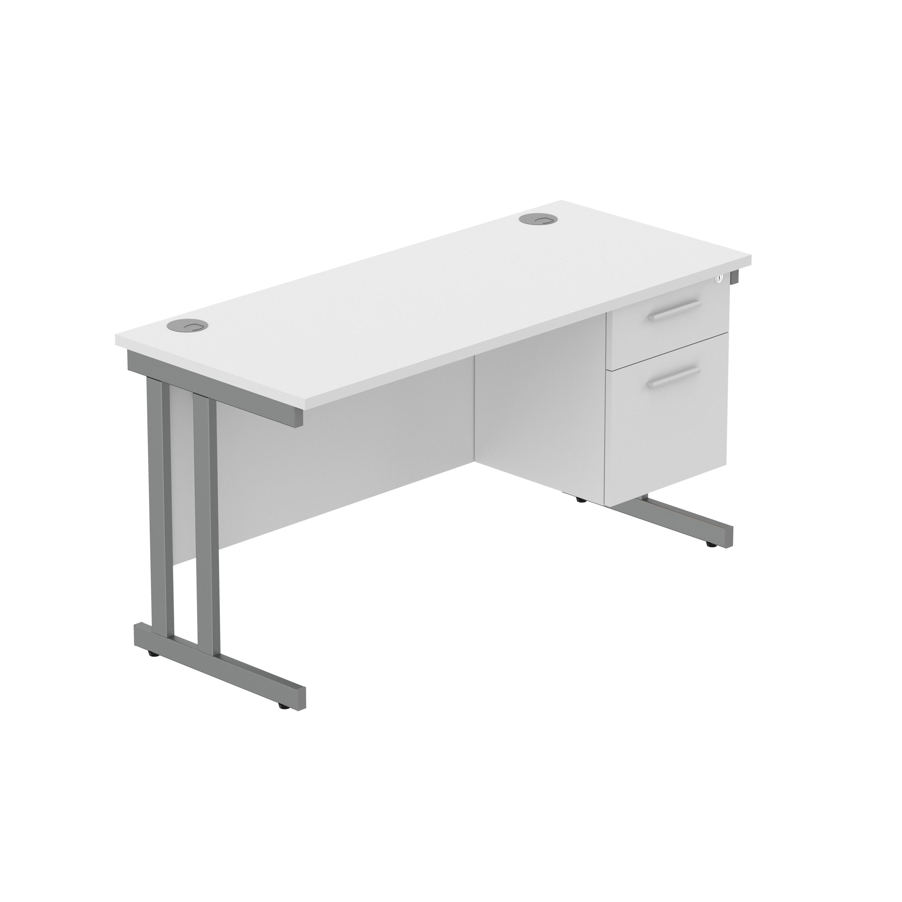 Office Rectangular Desk with Steel Double Upright Cantilever Legs + 2 Drawer Fixed Pedestal (FSC) | 1400X600 | Arctic White/Graphite