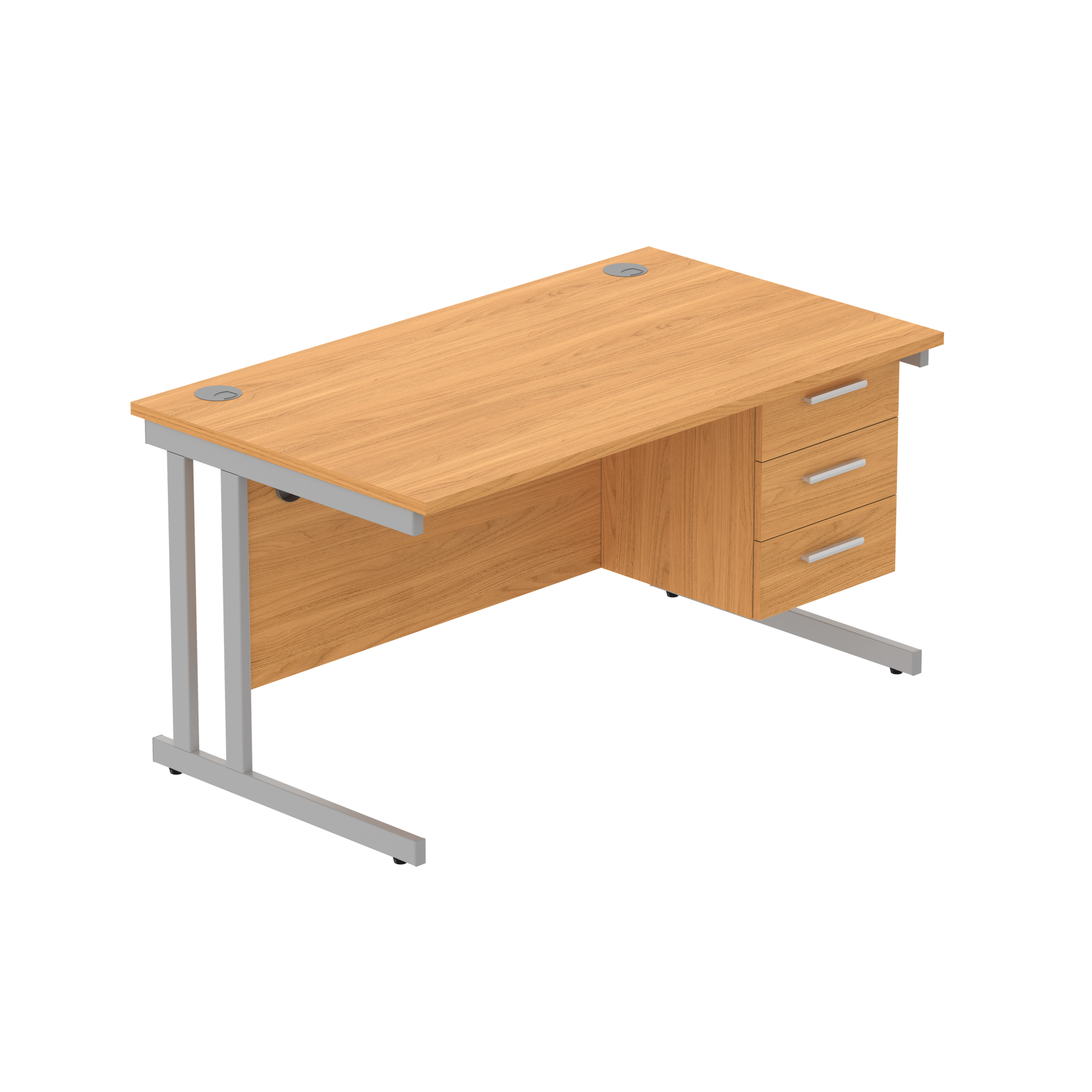 Office Rectangular Desk with Steel Double Upright Cantilever Legs + 3 Drawer Fixed Pedestal (FSC) | 1400X800 | Norwegian Beech/Silver