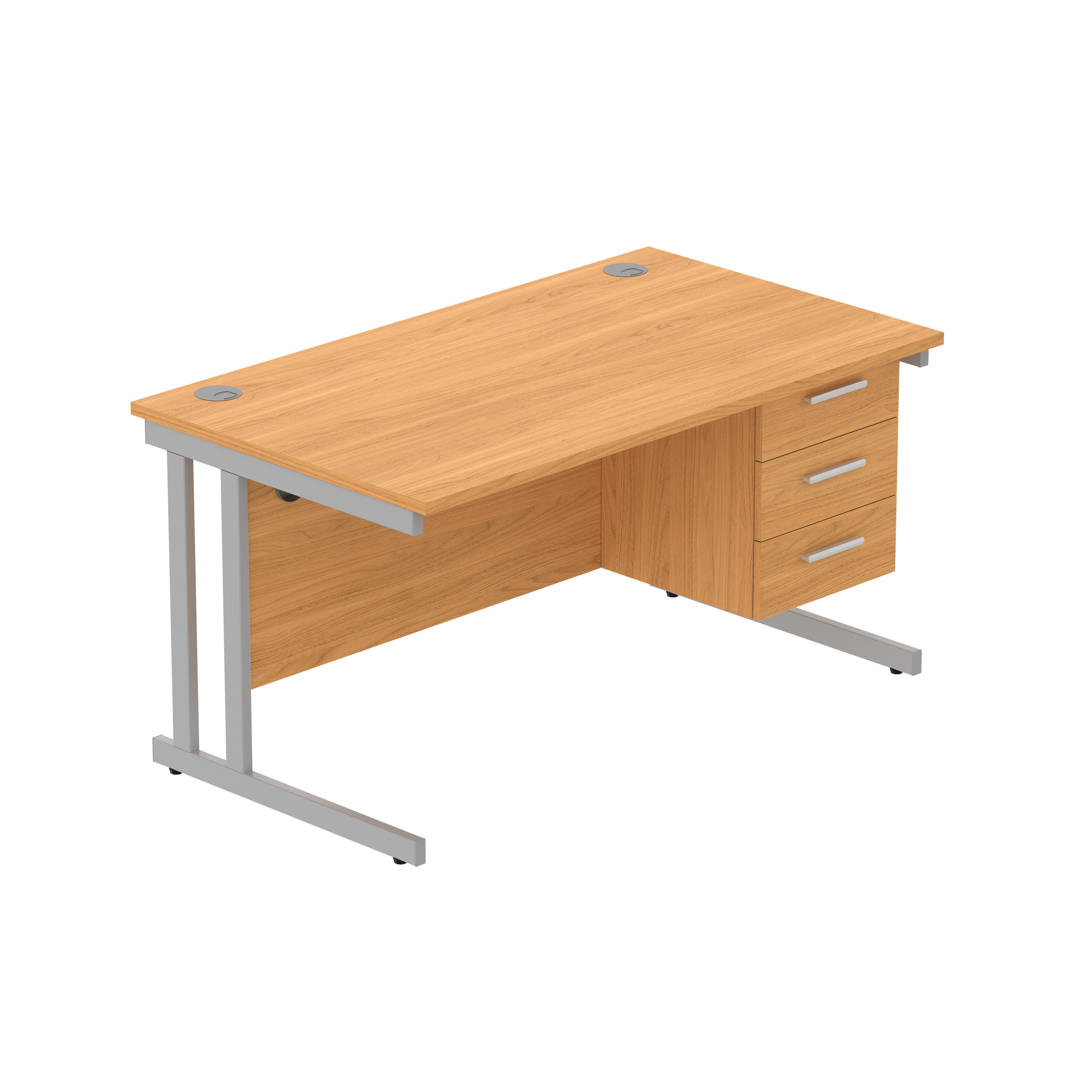 Office Rectangular Desk with Steel Double Upright Cantilever Legs + 3 Drawer Fixed Pedestal (FSC) | 1400X800 | Norwegian Beech/Silver