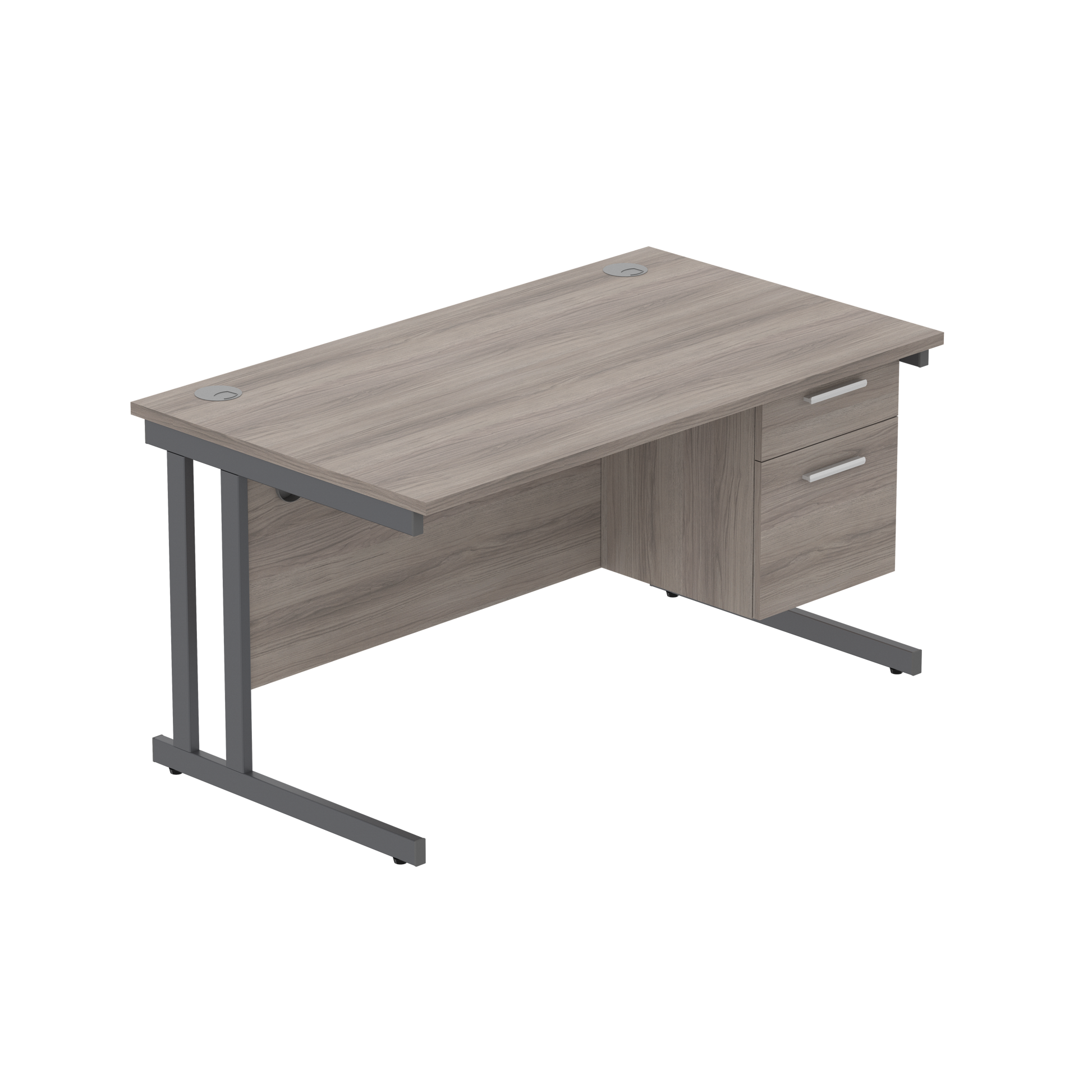 Office Rectangular Desk with Steel Double Upright Cantilever Legs + 2 Drawer Fixed Pedestal (FSC) | 1400X800 | Alaskan Grey Oak/Graphite