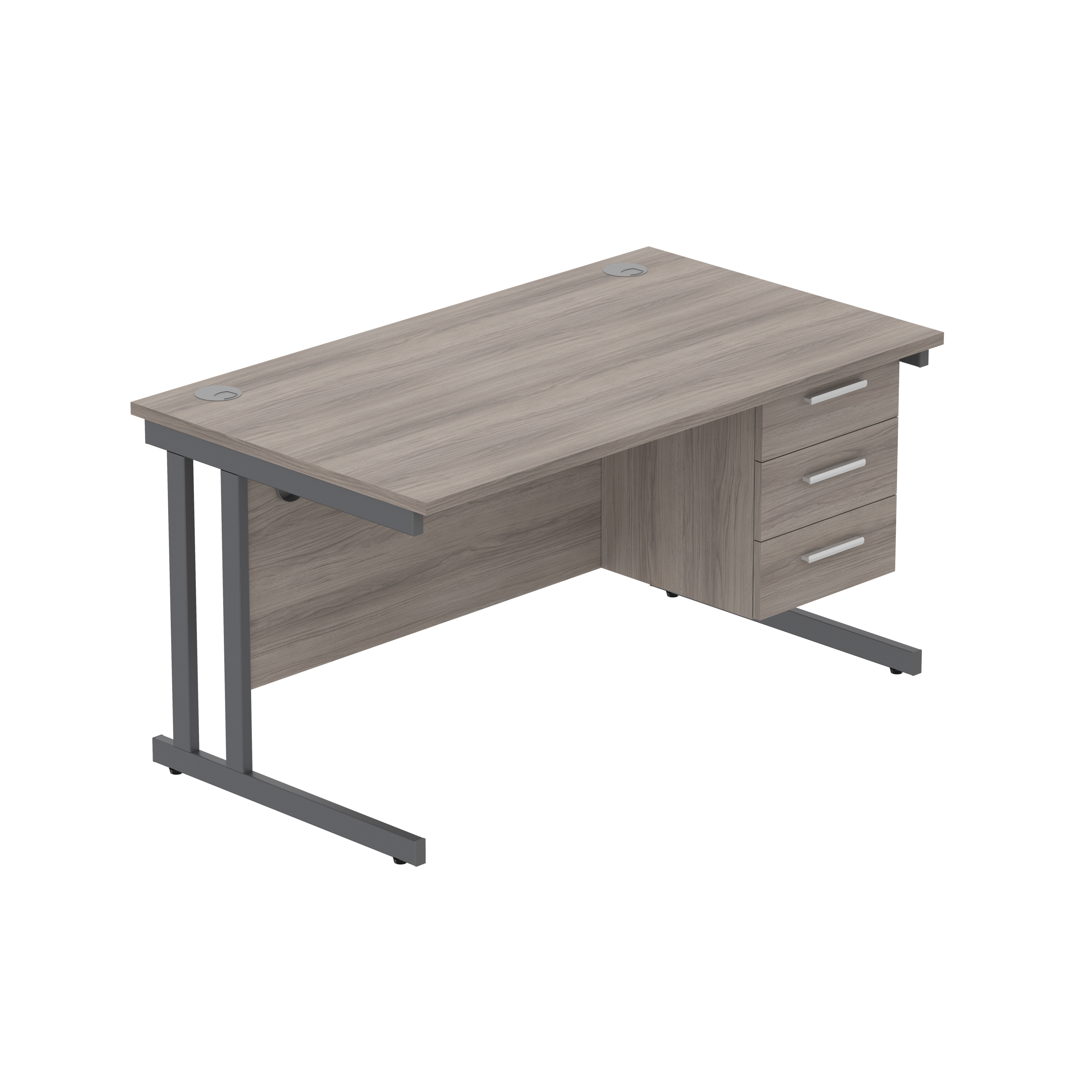 Office Rectangular Desk with Steel Double Upright Cantilever Legs + 3 Drawer Fixed Pedestal (FSC) | 1400X800 | Alaskan Grey Oak/Graphite