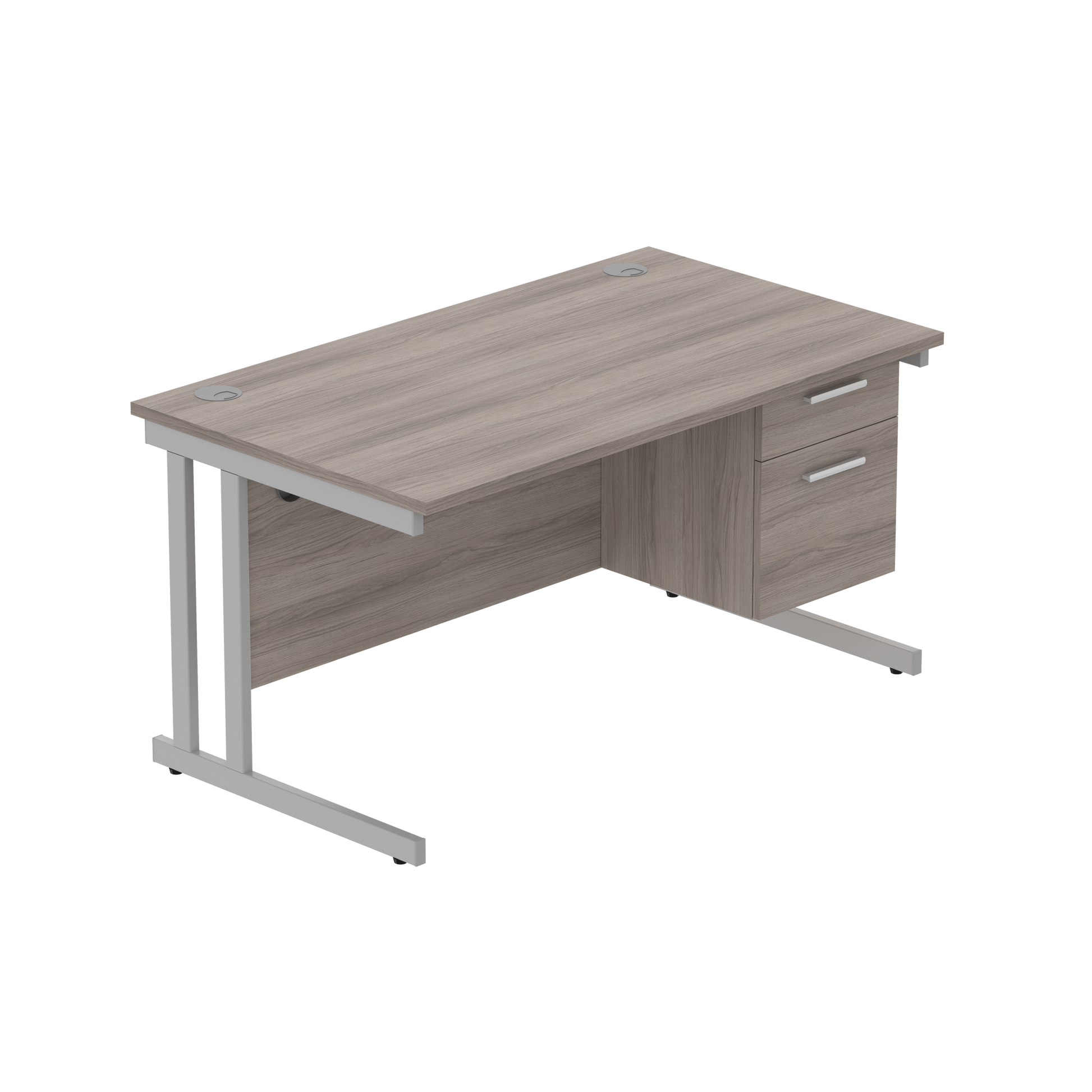 Office Rectangular Desk with Steel Double Upright Cantilever Legs + 2 Drawer Fixed Pedestal (FSC) | 1400X800 | Alaskan Grey Oak/Silver
