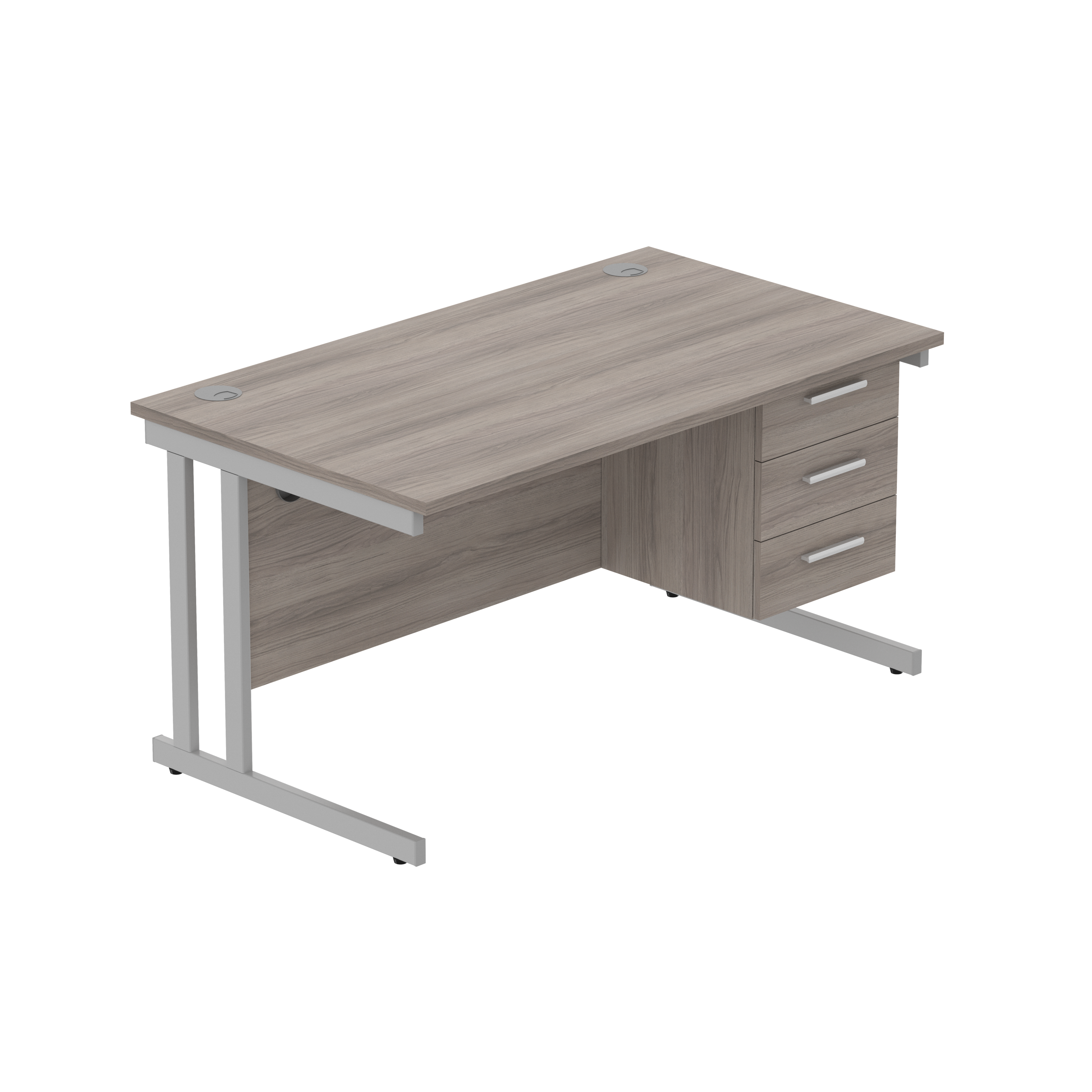 Office Rectangular Desk with Steel Double Upright Cantilever Legs + 3 Drawer Fixed Pedestal (FSC) | 1400X800 | Alaskan Grey Oak/Silver