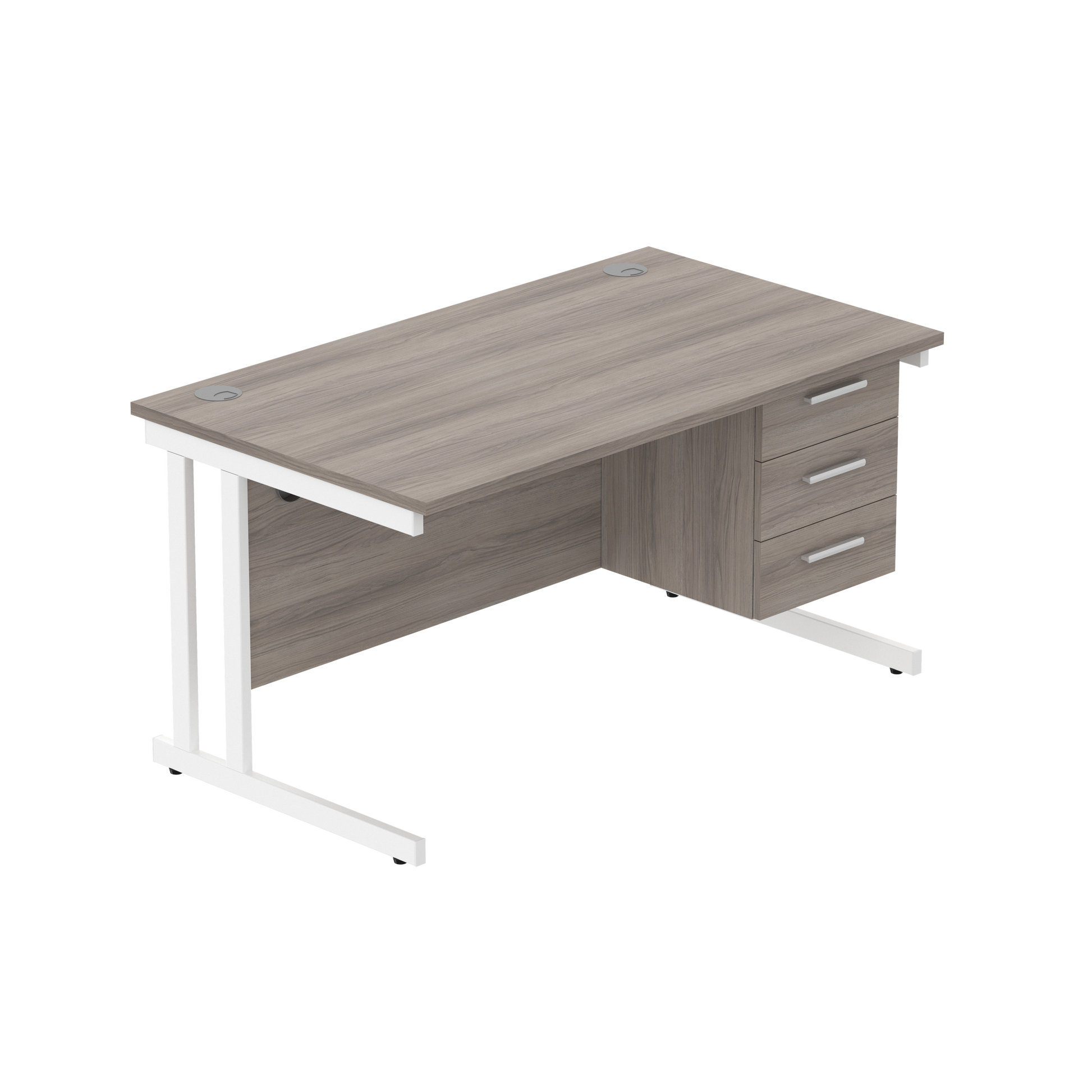 Office Rectangular Desk with Steel Double Upright Cantilever Legs + 3 Drawer Fixed Pedestal (FSC) | 1400X800 | Alaskan Grey Oak/White