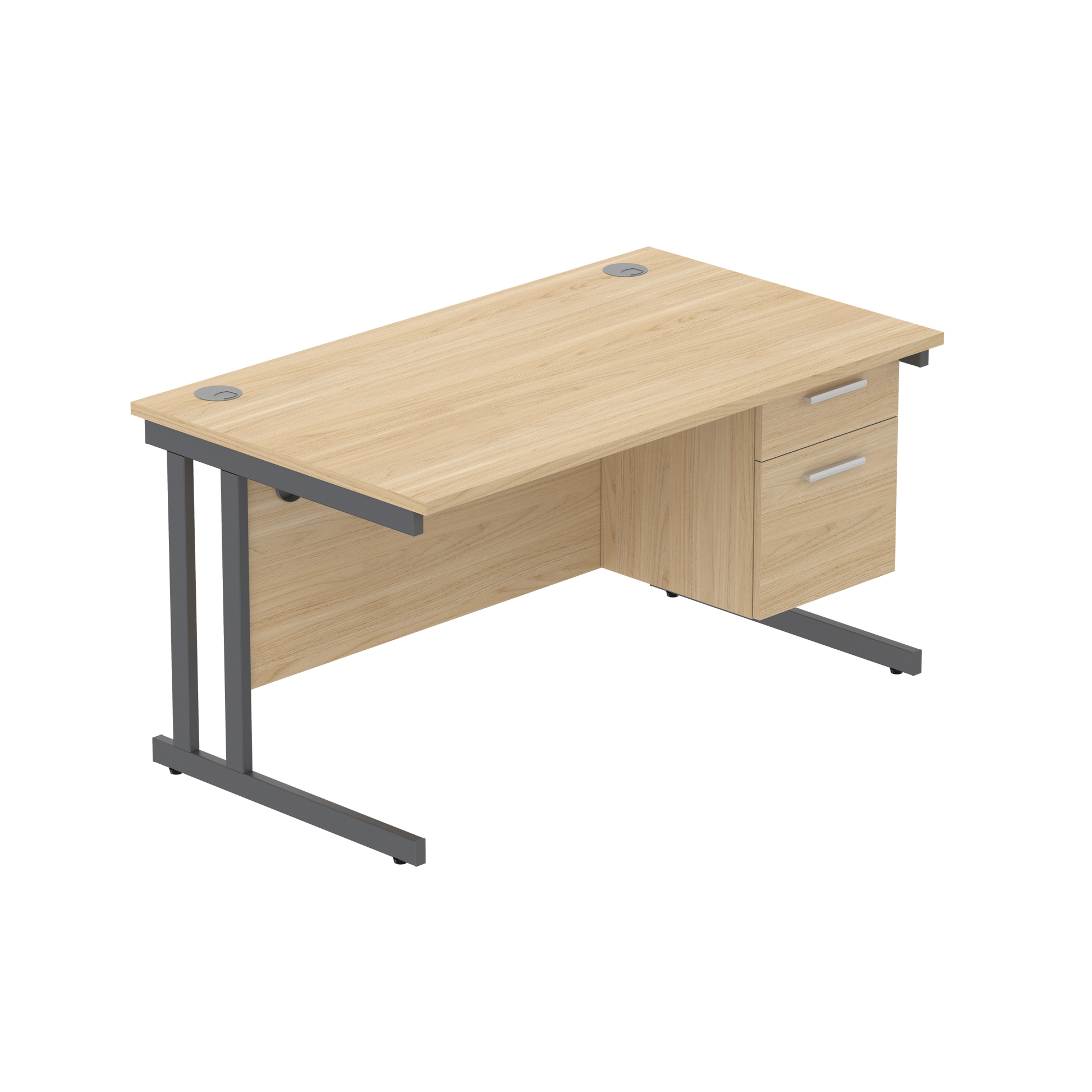 Office Rectangular Desk with Steel Double Upright Cantilever Legs + 2 Drawer Fixed Pedestal (FSC) | 1400X800 | Canadian Oak/Graphite