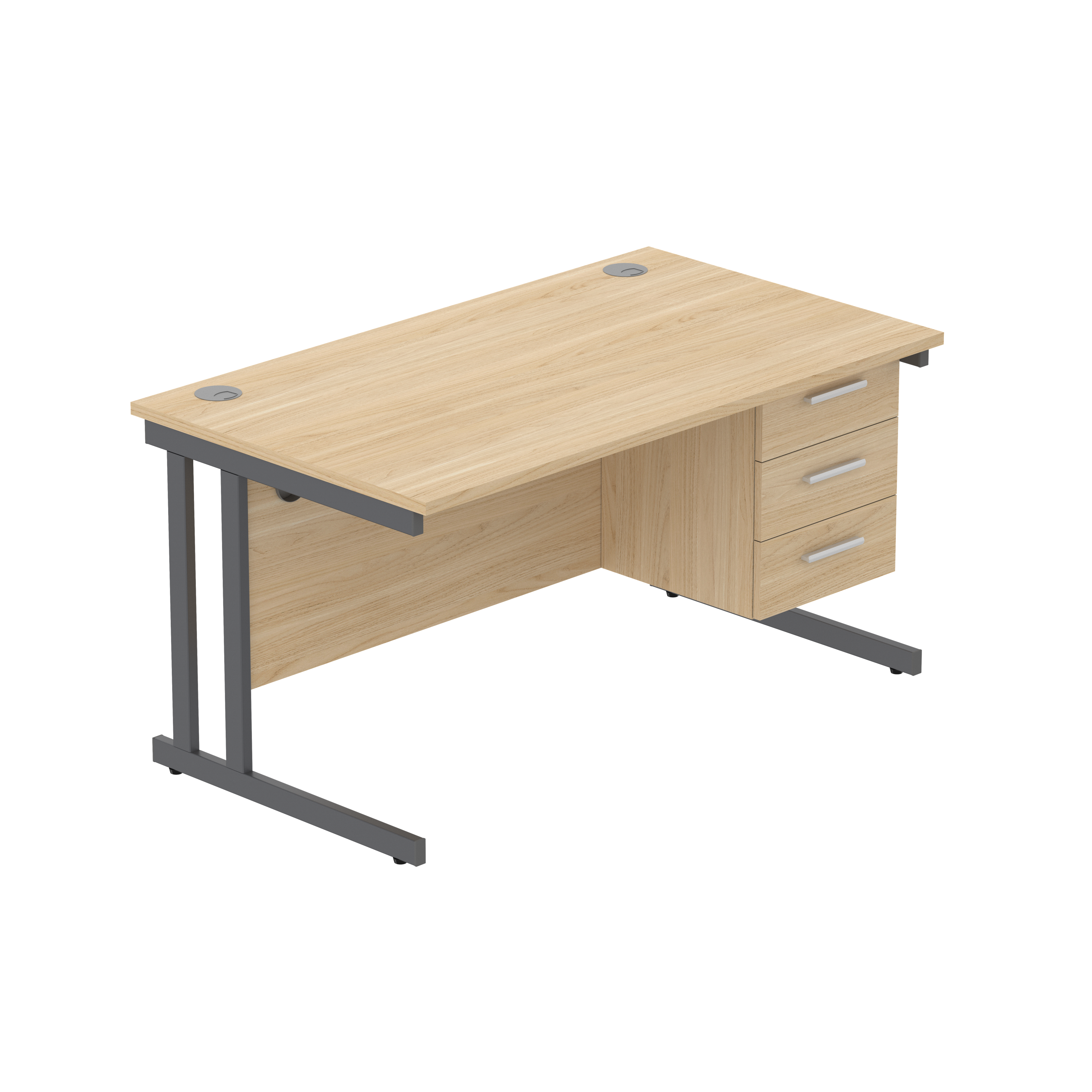 Office Rectangular Desk with Steel Double Upright Cantilever Legs + 3 Drawer Fixed Pedestal (FSC) | 1400X800 | Canadian Oak/Graphite