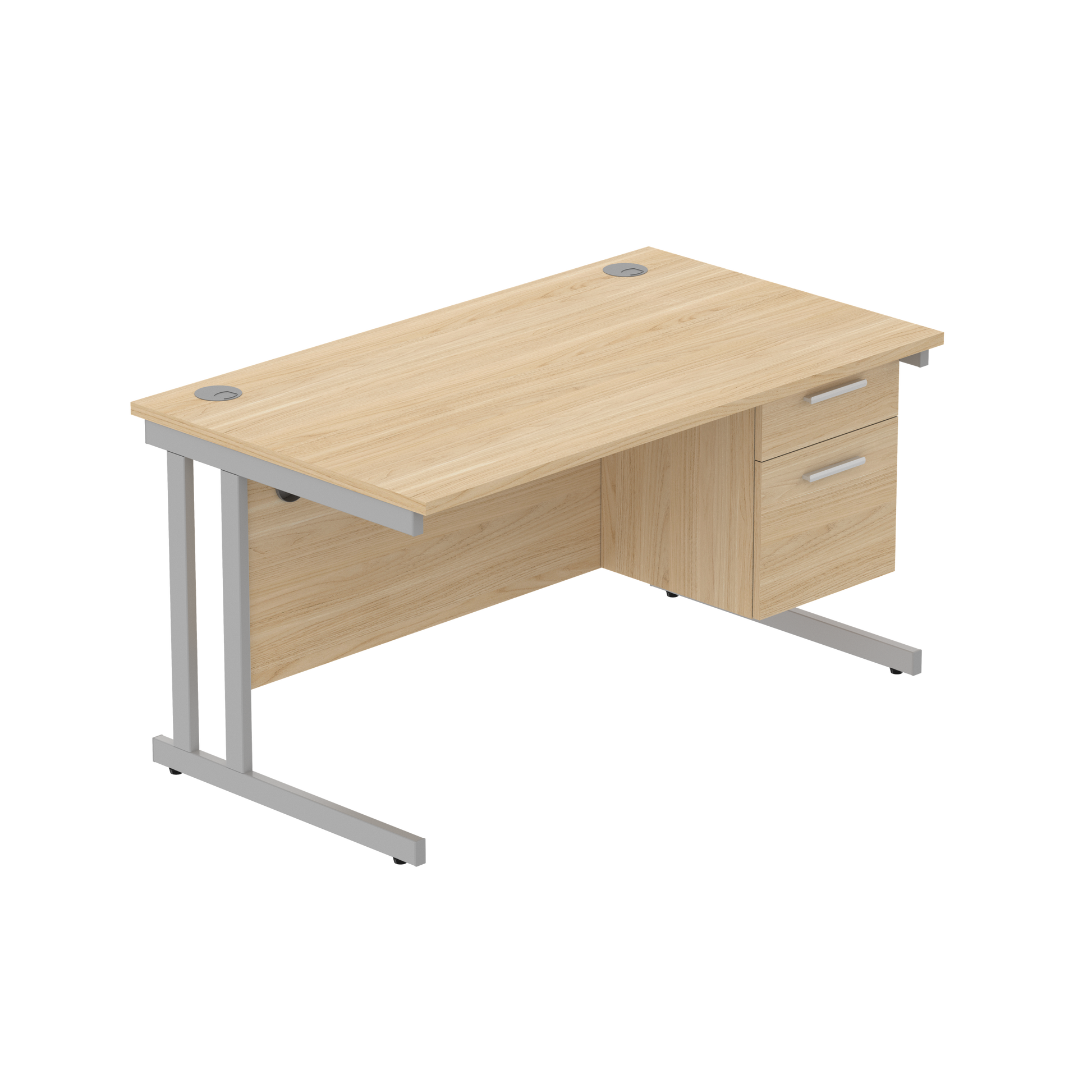 Office Rectangular Desk with Steel Double Upright Cantilever Legs + 2 Drawer Fixed Pedestal (FSC) | 1400X800 | Canadian Oak/Silver