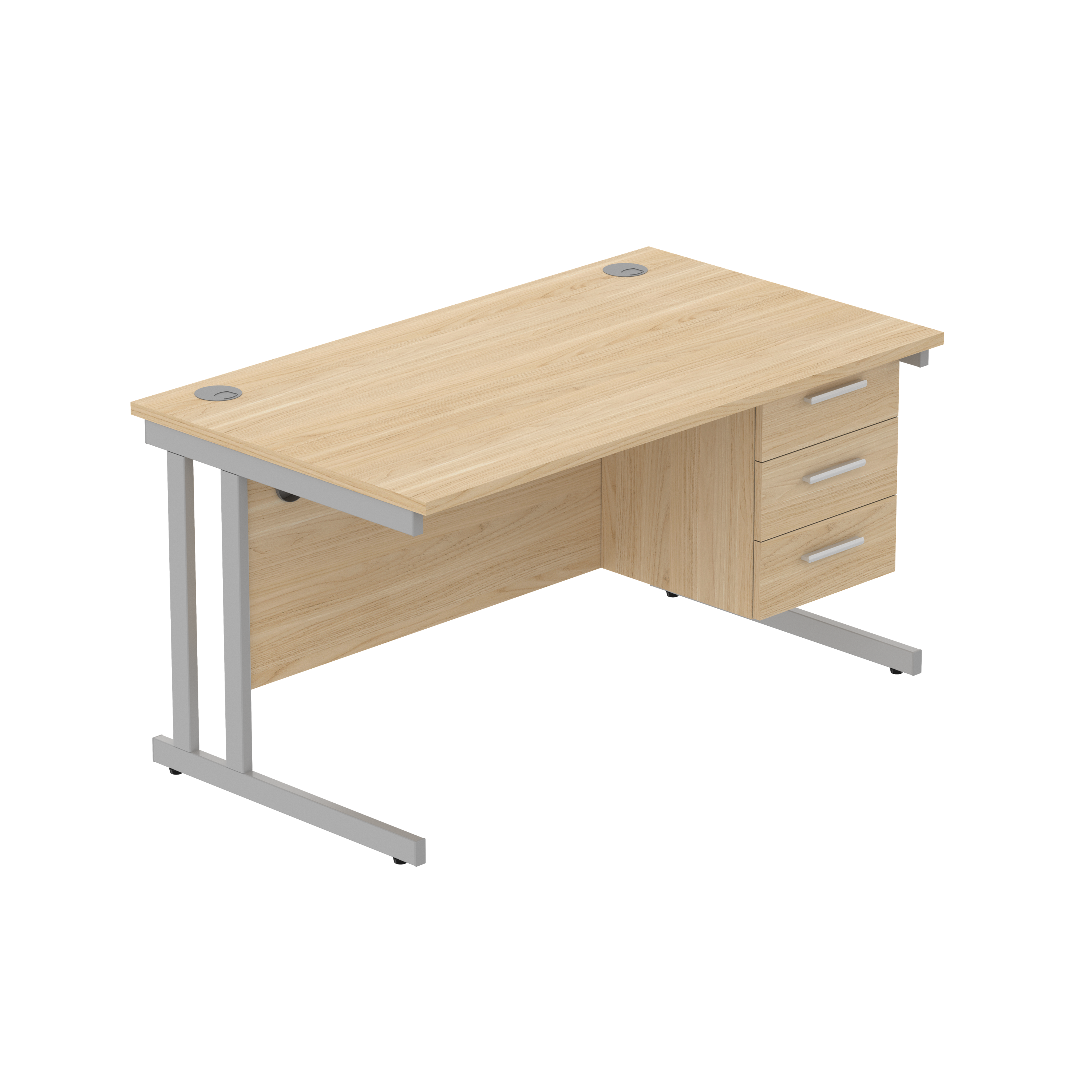 Office Rectangular Desk with Steel Double Upright Cantilever Legs + 3 Drawer Fixed Pedestal (FSC) | 1400X800 | Canadian Oak/Silver