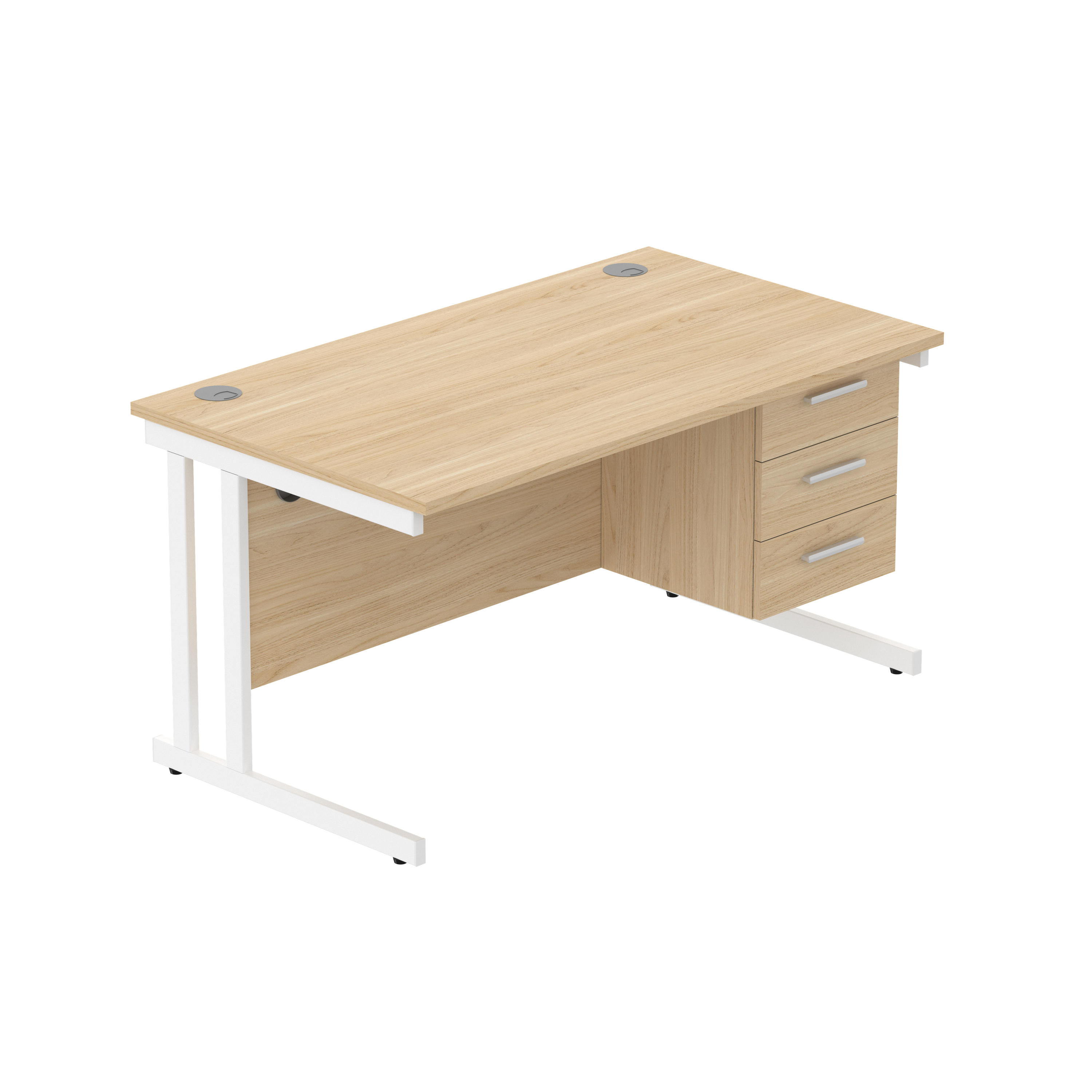 Office Rectangular Desk with Steel Double Upright Cantilever Legs + 3 Drawer Fixed Pedestal (FSC) | 1400X800 | Canadian Oak/White