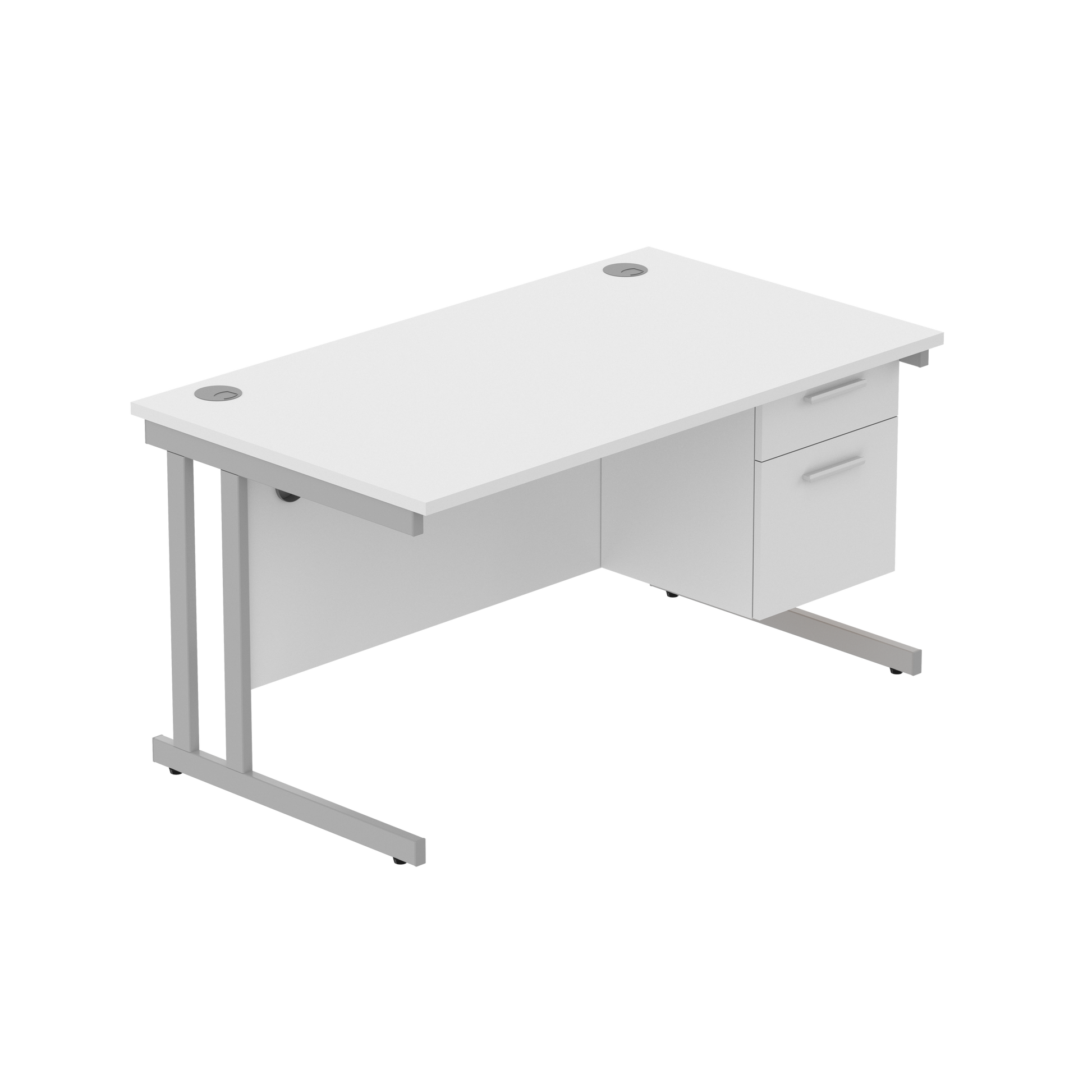 Office Rectangular Desk with Steel Double Upright Cantilever Legs + 2 Drawer Fixed Pedestal (FSC) | 1400X800 | Arctic White/Silver