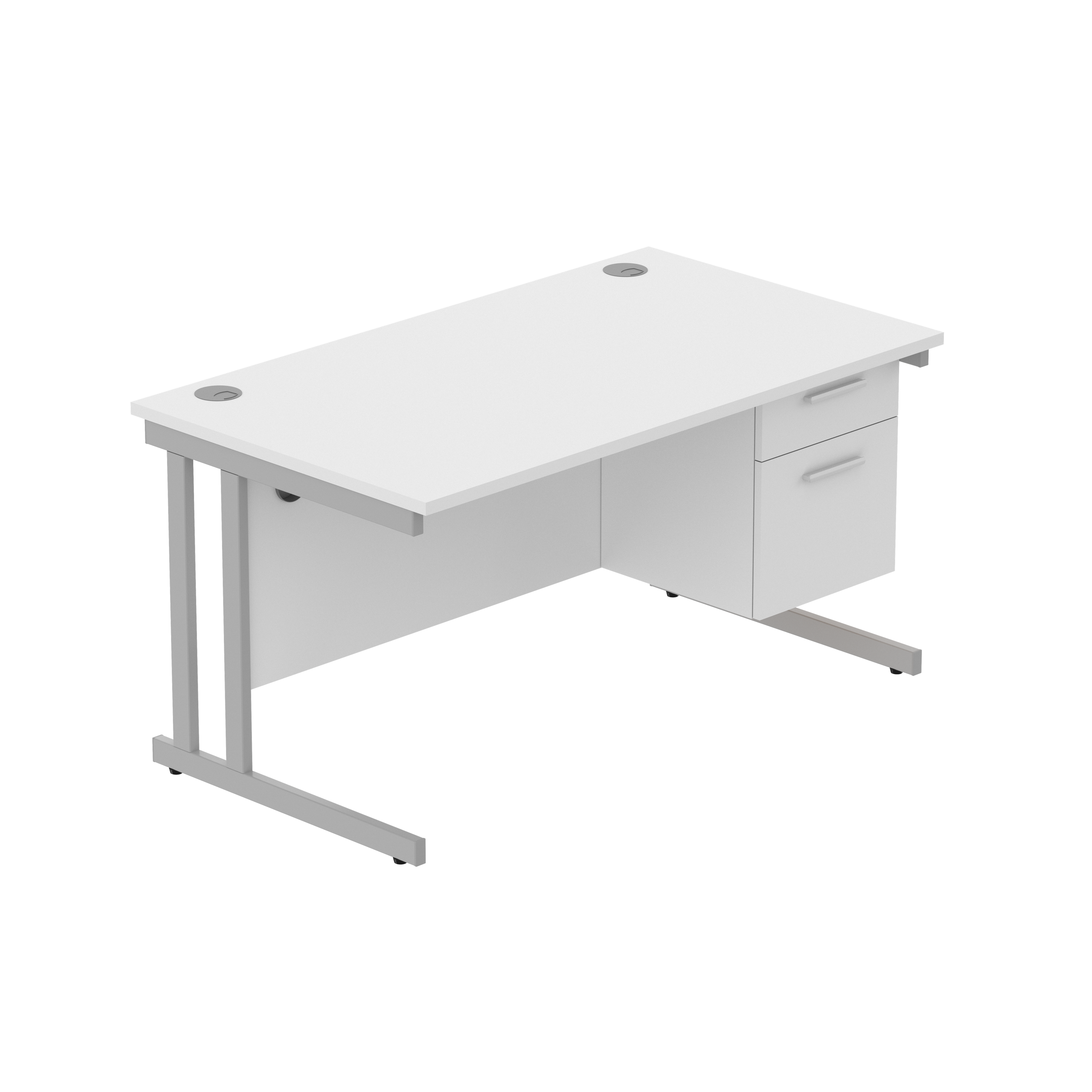 Office Rectangular Desk with Steel Double Upright Cantilever Legs + 2 Drawer Fixed Pedestal (FSC) | 1400X800 | Arctic White/Silver