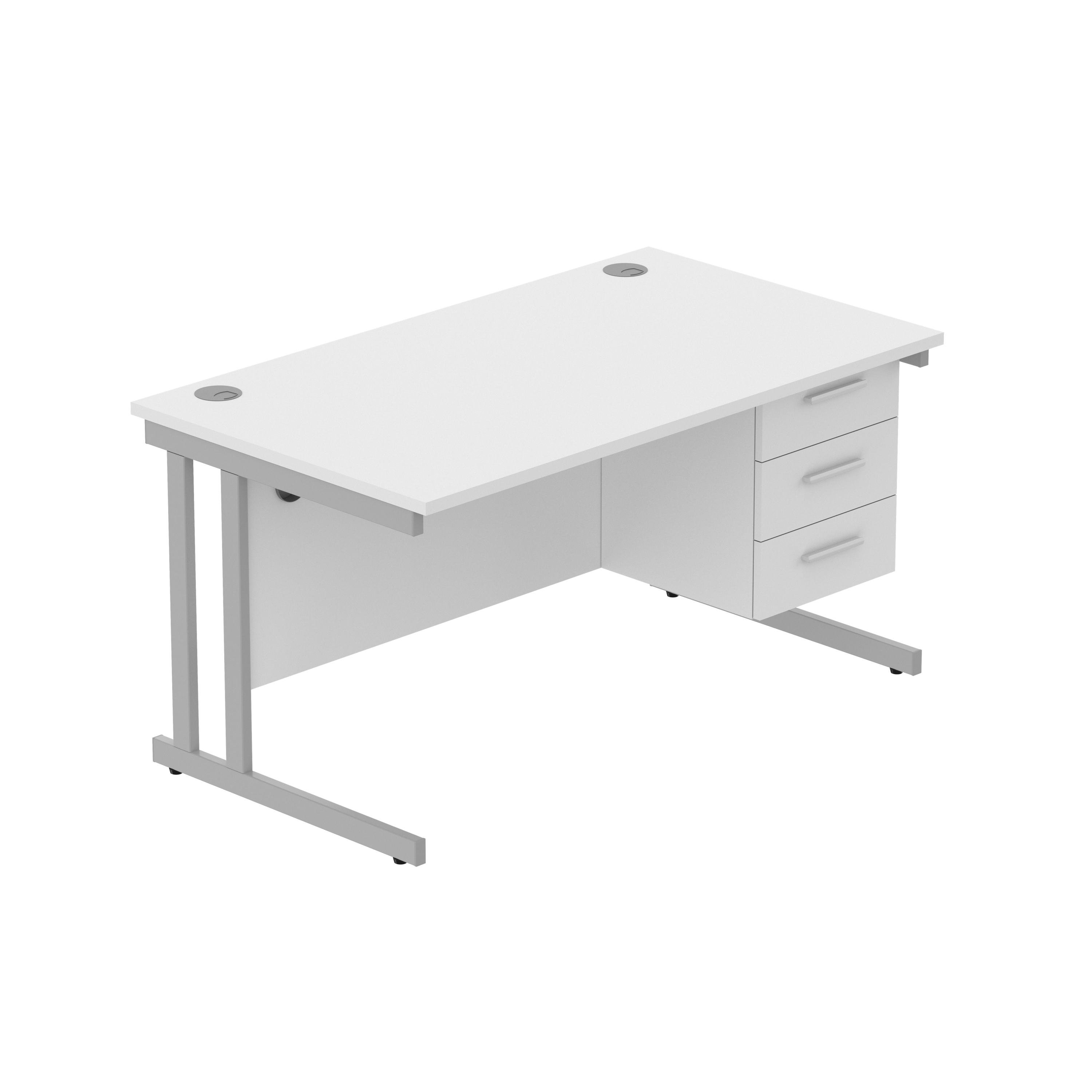 Office Rectangular Desk with Steel Double Upright Cantilever Legs + 3 Drawer Fixed Pedestal (FSC) | 1400X800 | Arctic White/Silver