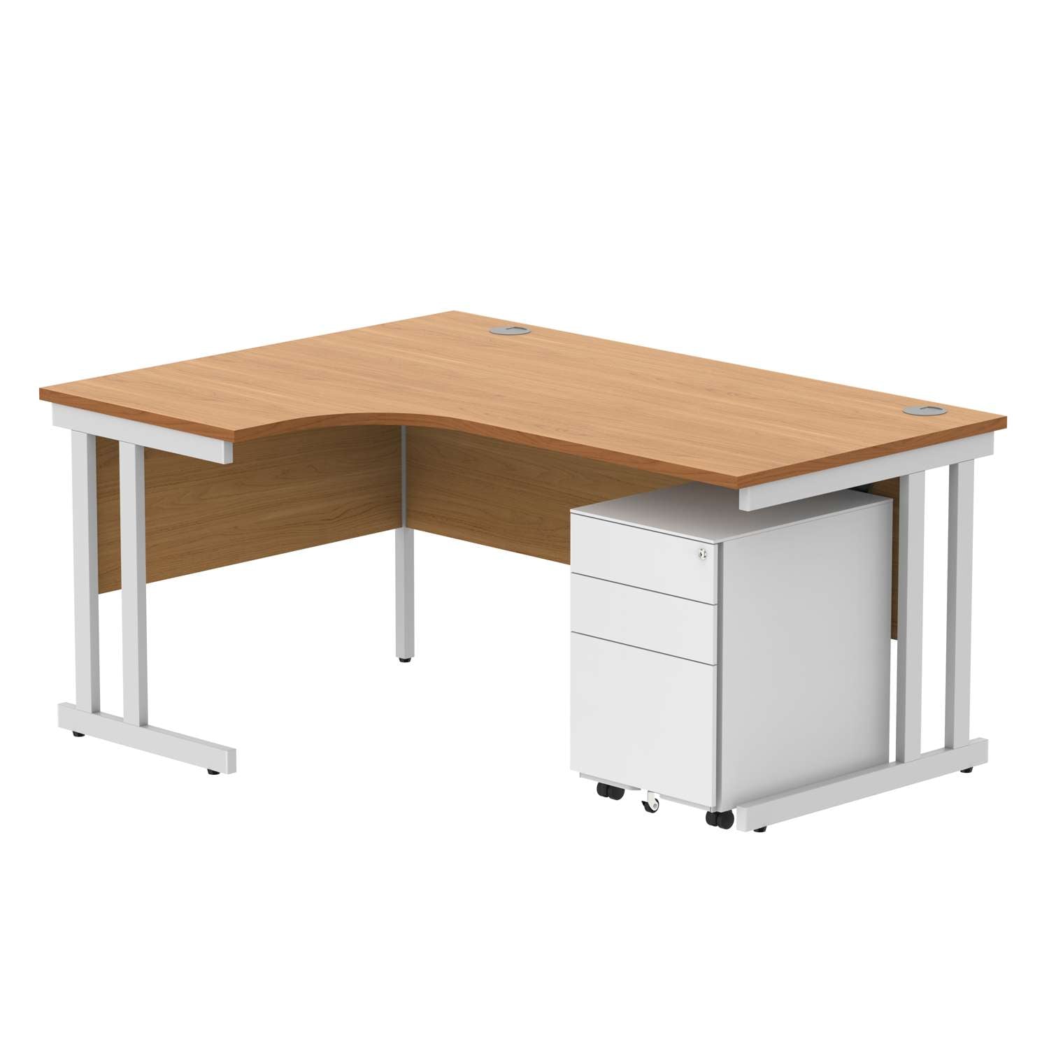 Double Upright Left Hand Radial Desk + Under Desk Steel Pedestal 3 Drawers (FSC) | 1600X1200 | Norwegian Beech/White