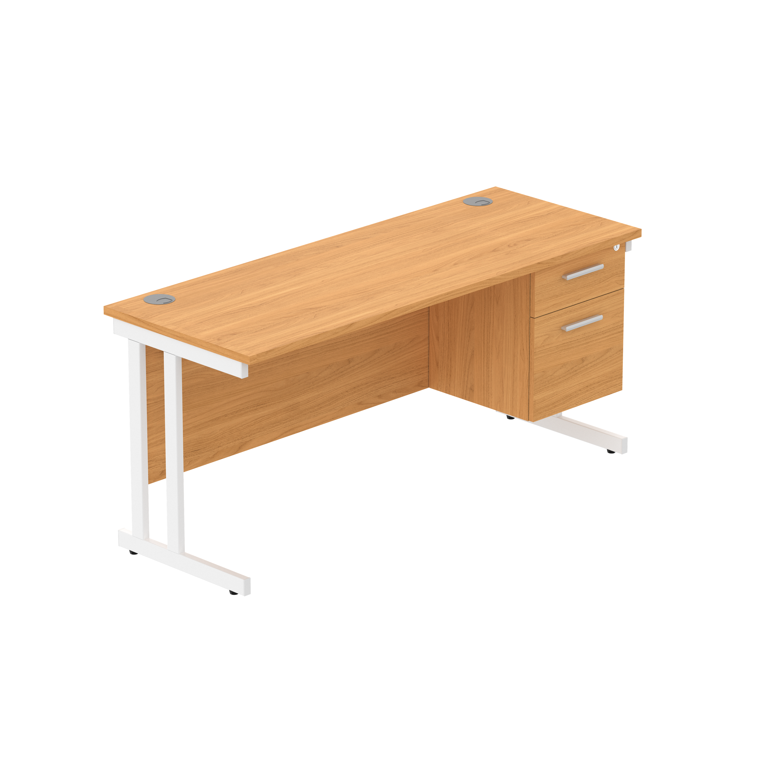 Office Rectangular Desk with Steel Double Upright Cantilever Legs + 2 Drawer Fixed Pedestal (FSC) | 1600X600 | Norwegian Beech/White
