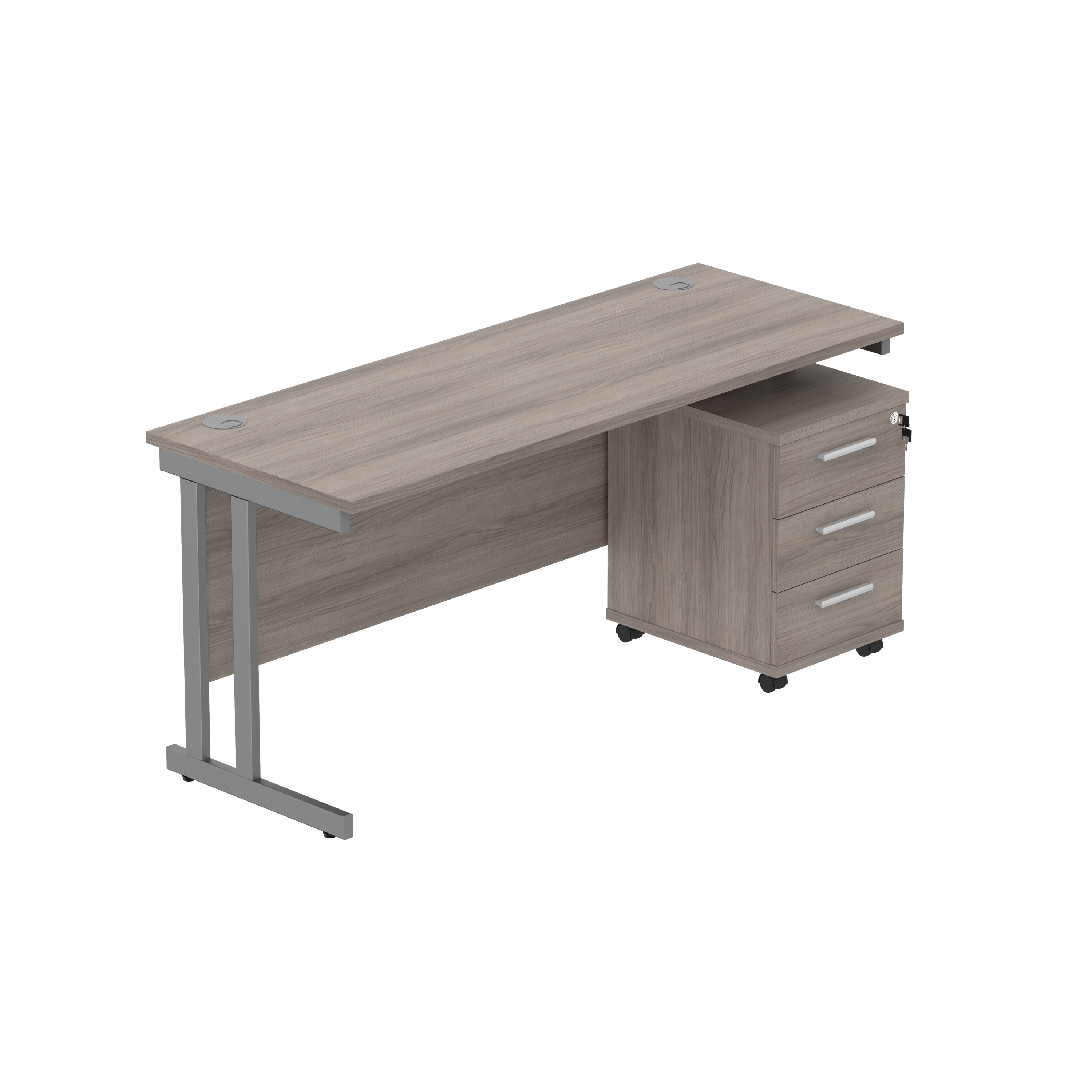 Double Upright Rectangular Desk + 3 Drawer Mobile Under Desk Pedestal (FSC) | 1600X600 | Alaskan Grey Oak/Graphite