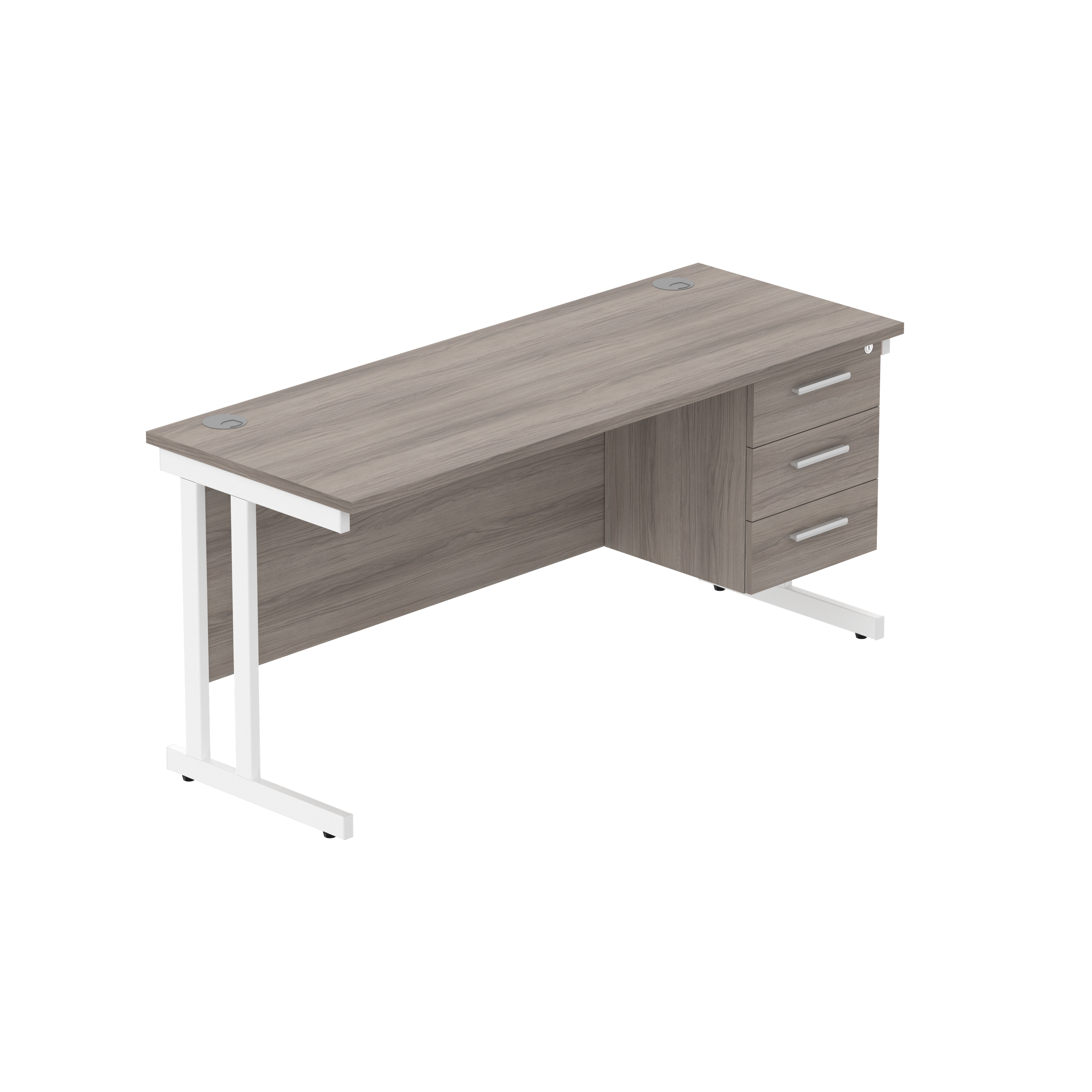 Office Rectangular Desk with Steel Double Upright Cantilever Legs + 3 Drawer Fixed Pedestal (FSC) | 1600X600 | Alaskan Grey Oak/White