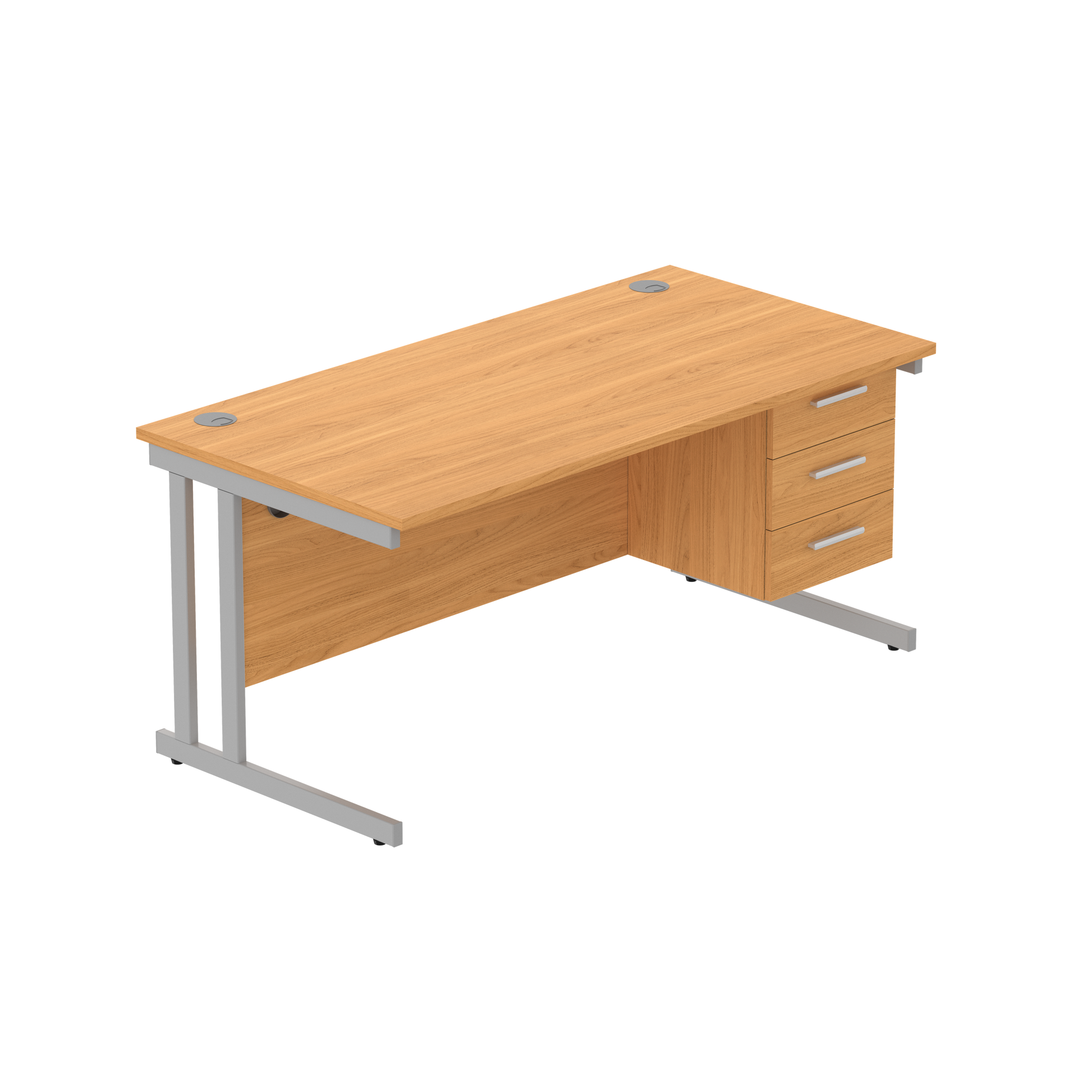 Office Rectangular Desk with Steel Double Upright Cantilever Legs + 3 Drawer Fixed Pedestal (FSC) | 1600X800 | Norwegian Beech/Silver