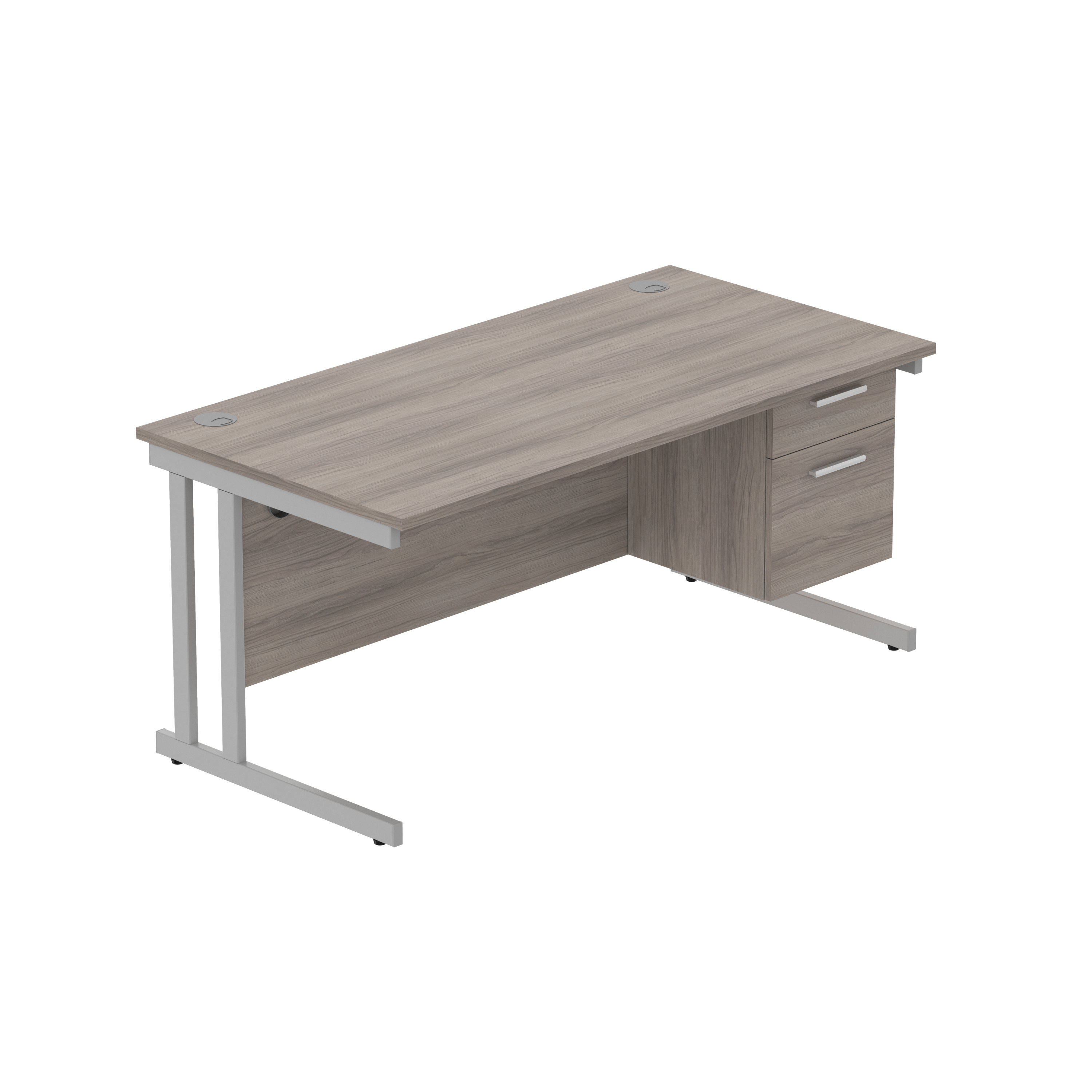 Office Rectangular Desk with Steel Double Upright Cantilever Legs + 2 Drawer Fixed Pedestal (FSC) | 1600X800 | Alaskan Grey Oak/Silver