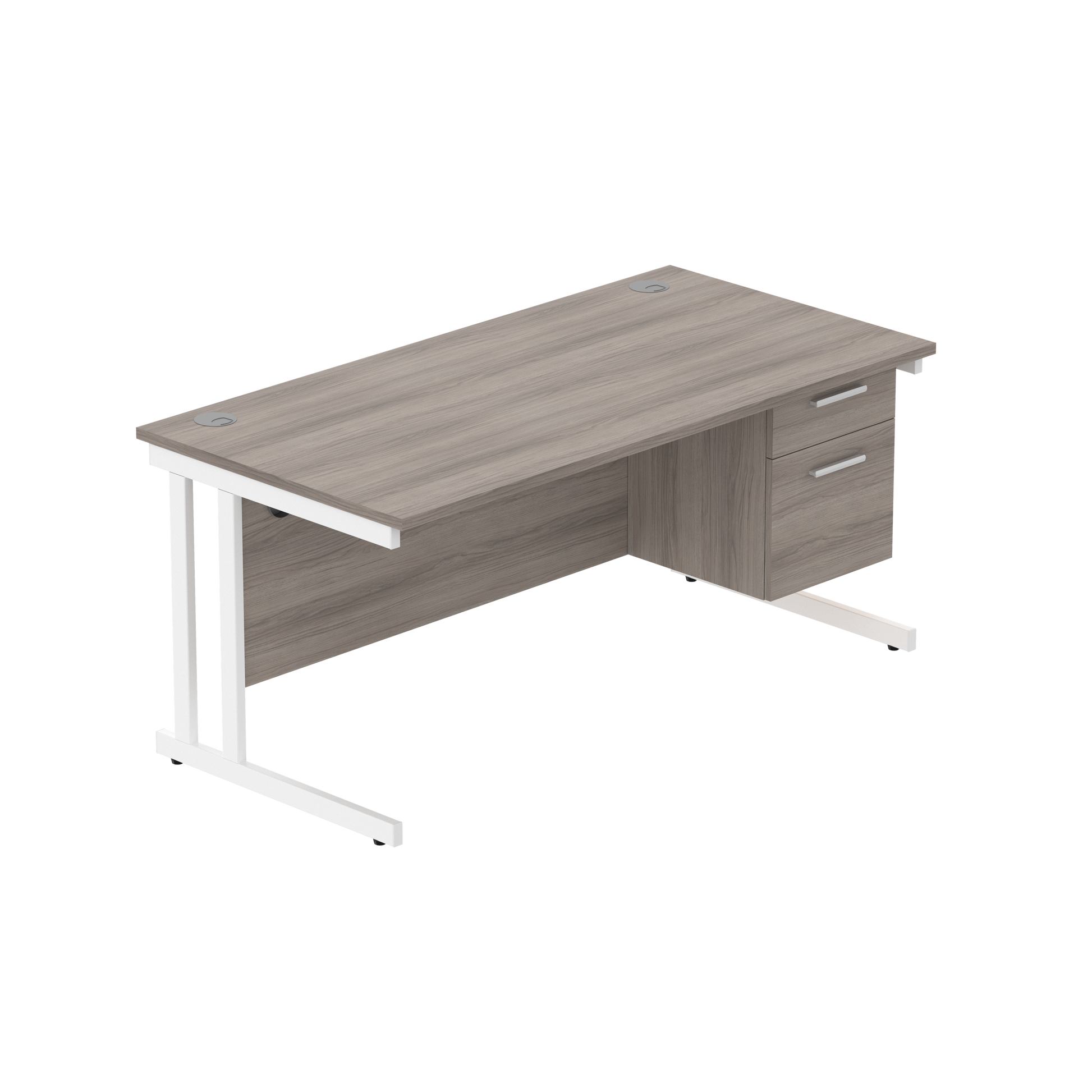 Office Rectangular Desk with Steel Double Upright Cantilever Legs + 2 Drawer Fixed Pedestal (FSC) | 1600X800 | Alaskan Grey Oak/White
