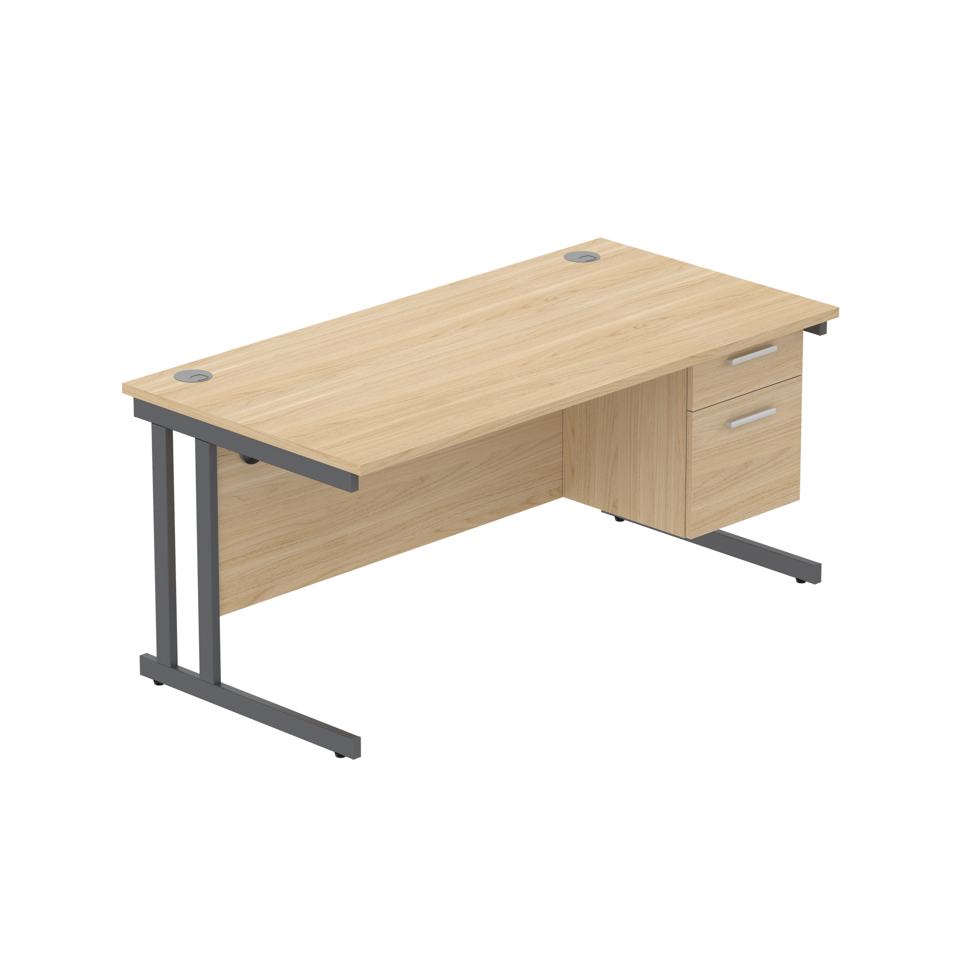 Office Rectangular Desk with Steel Double Upright Cantilever Legs + 2 Drawer Fixed Pedestal (FSC) | 1600X800 | Canadian Oak/Graphite