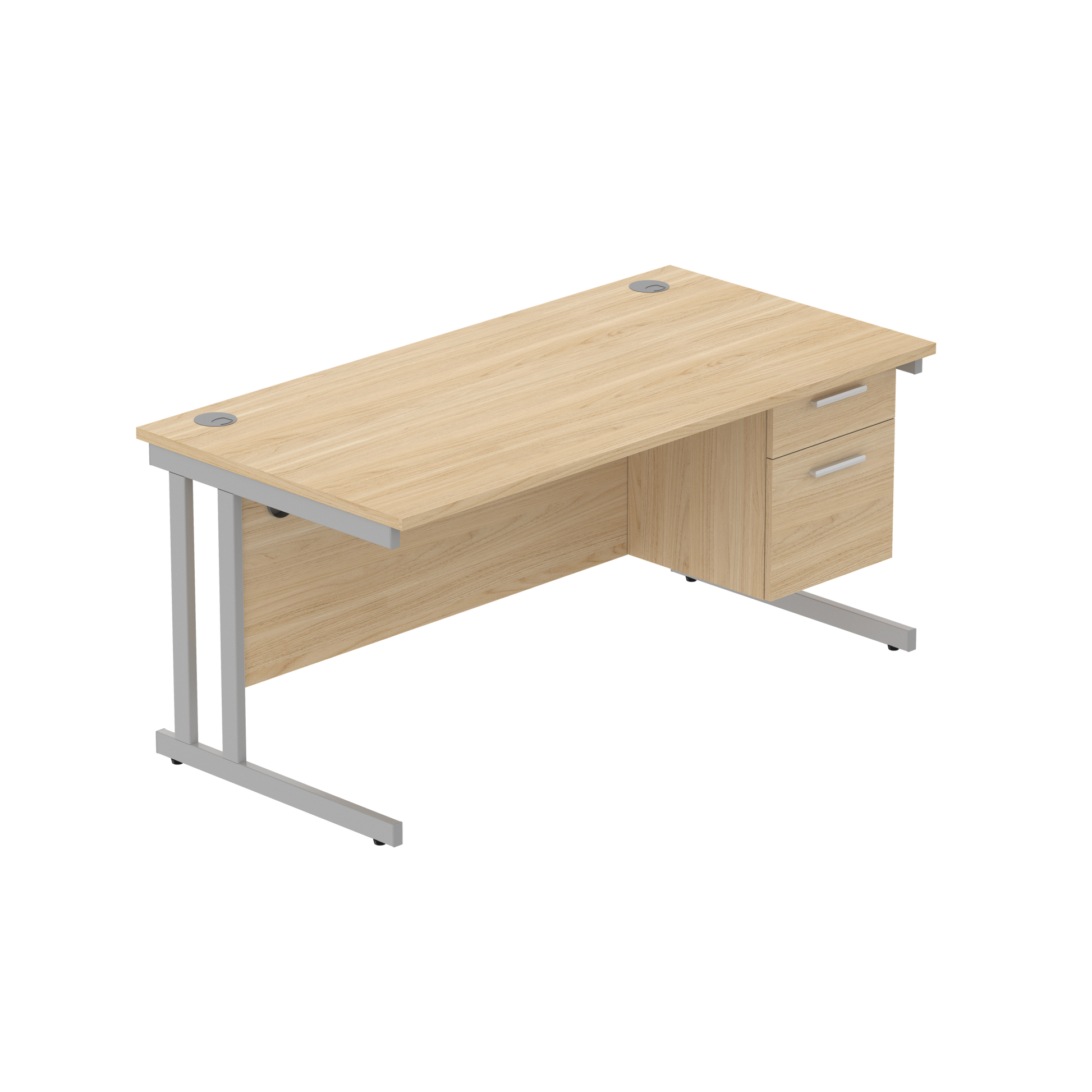 Office Rectangular Desk with Steel Double Upright Cantilever Legs + 2 Drawer Fixed Pedestal (FSC) | 1600X800 | Canadian Oak/Silver