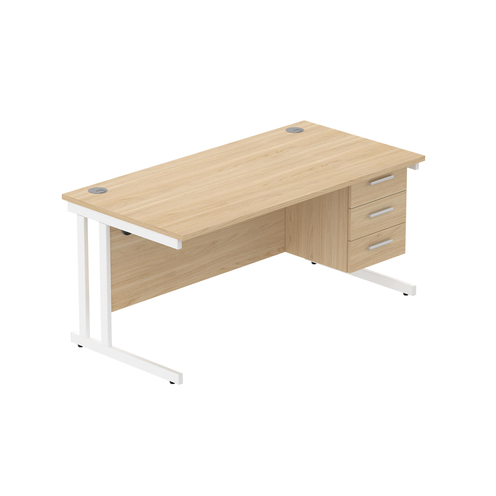 Office Rectangular Desk with Steel Double Upright Cantilever Legs + 3 Drawer Fixed Pedestal (FSC) | 1600X800 | Canadian Oak/White