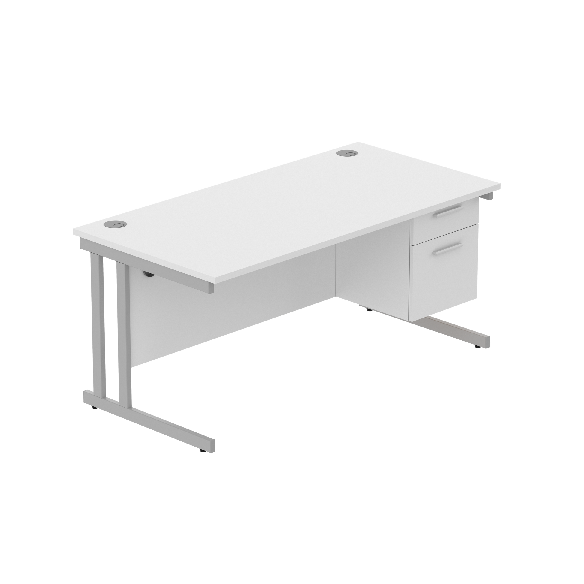Office Rectangular Desk with Steel Double Upright Cantilever Legs + 2 Drawer Fixed Pedestal (FSC) | 1600X800 | Arctic White/Silver