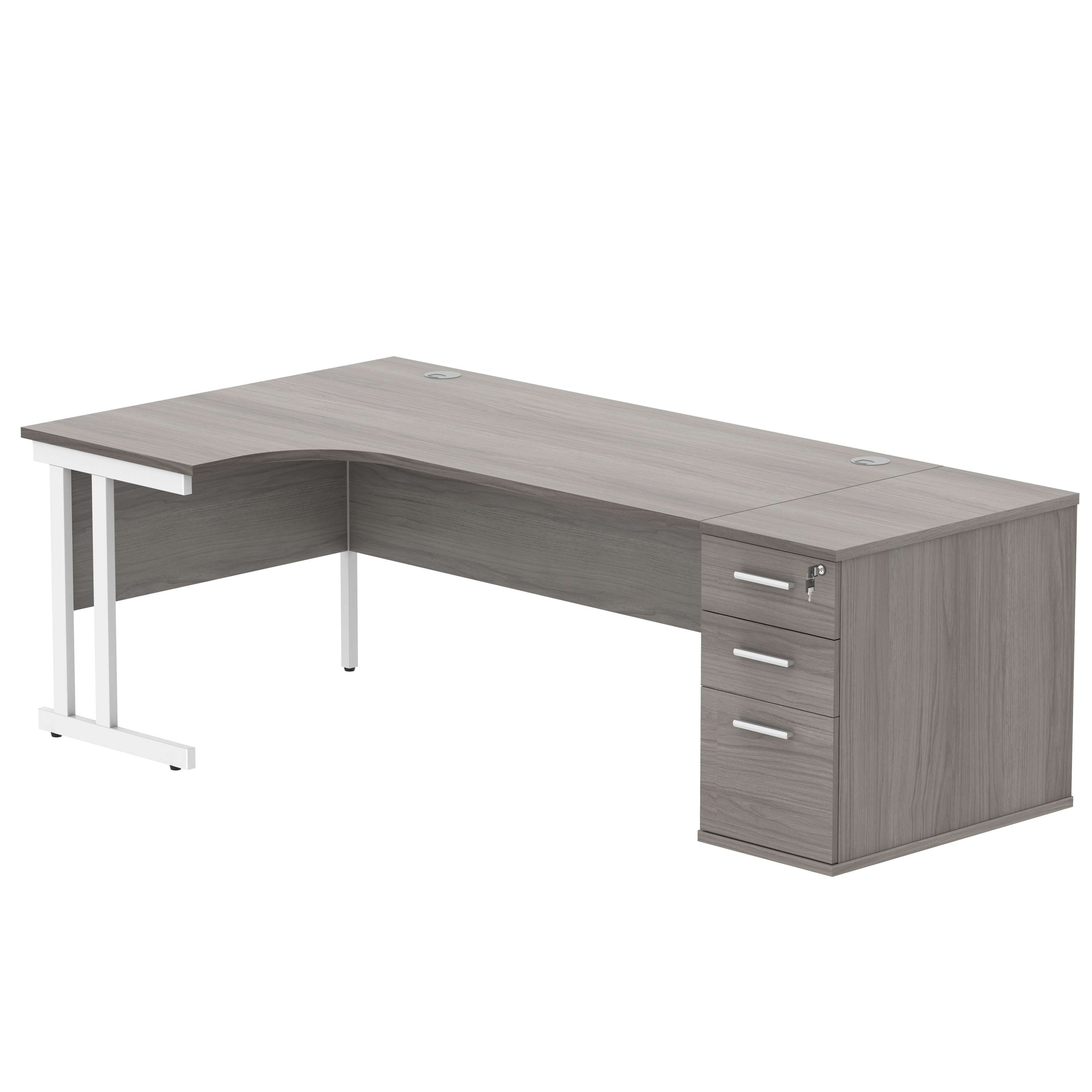 Double Upright Left Hand Radial Desk + Desk High Pedestal (FSC) | 800mm Deep Pedestal | 1800X1200 | Alaskan Grey Oak/White
