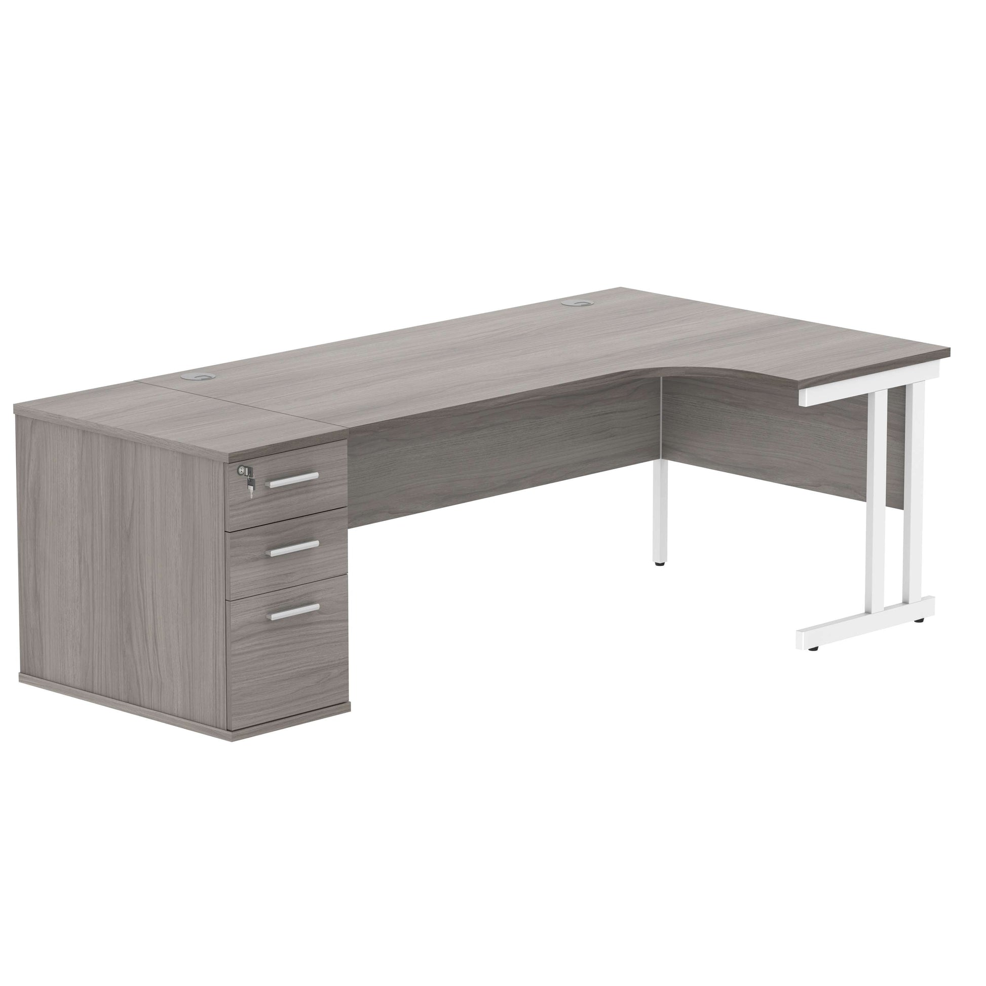 Double Upright Right Hand Radial Desk + Desk High Pedestal (FSC) | 800mm Deep Pedestal | 1800X1200 | Alaskan Grey Oak/White