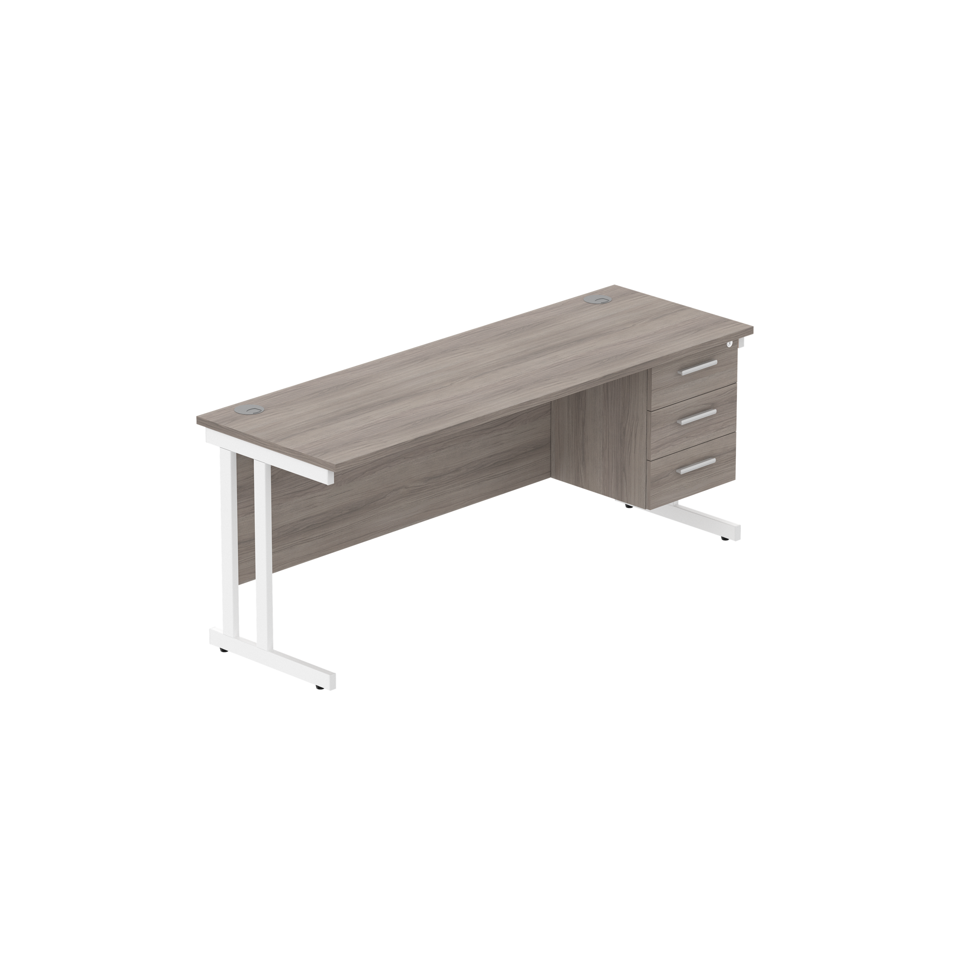 Office Rectangular Desk with Steel Double Upright Cantilever Legs + 3 Drawer Fixed Pedestal (FSC) | 1800X600 | Alaskan Grey Oak/White